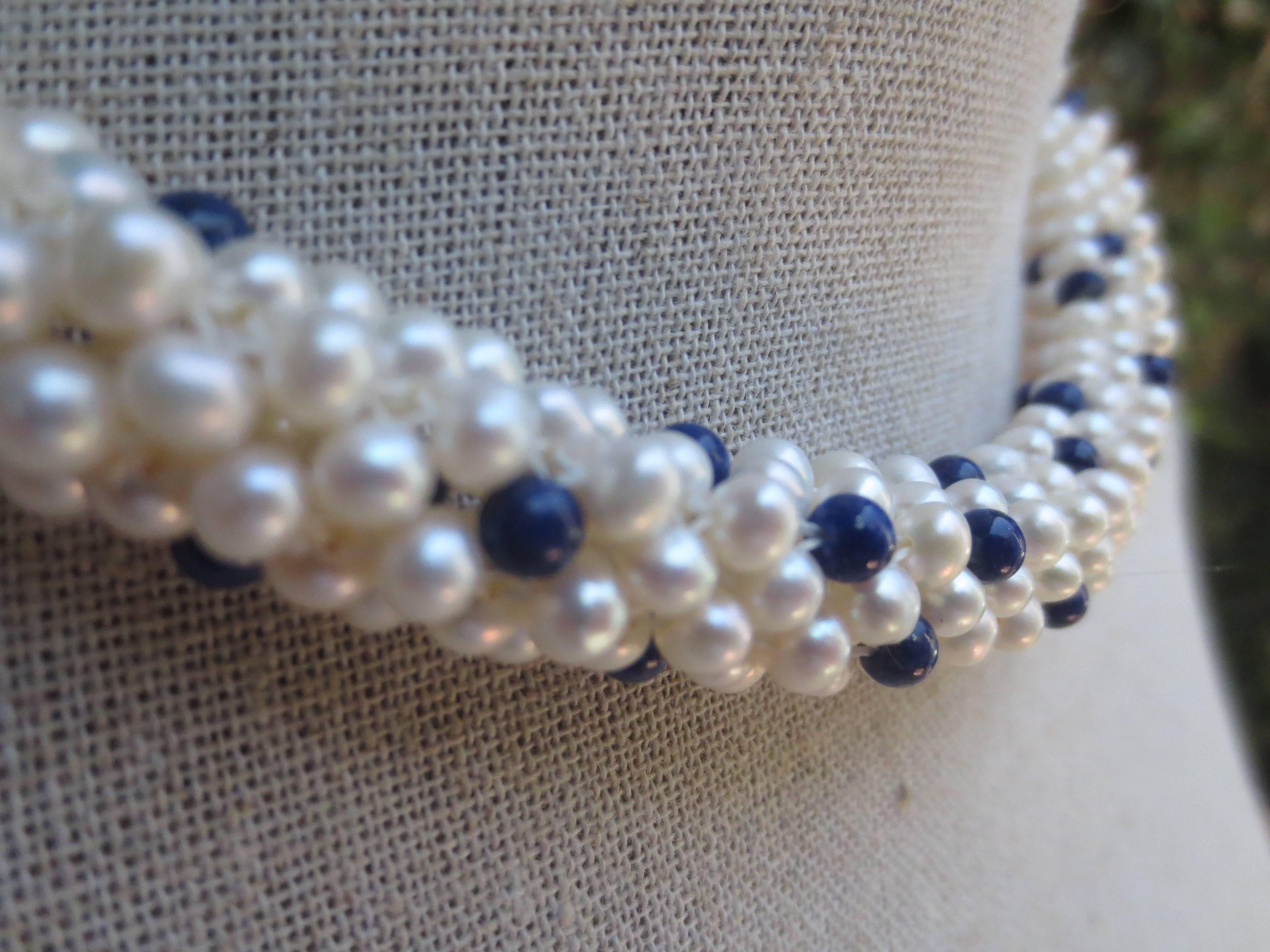 Artisan Lapis Lazuli and White Pearl Woven Rope Necklace with 14 k Yellow Gold Clasp