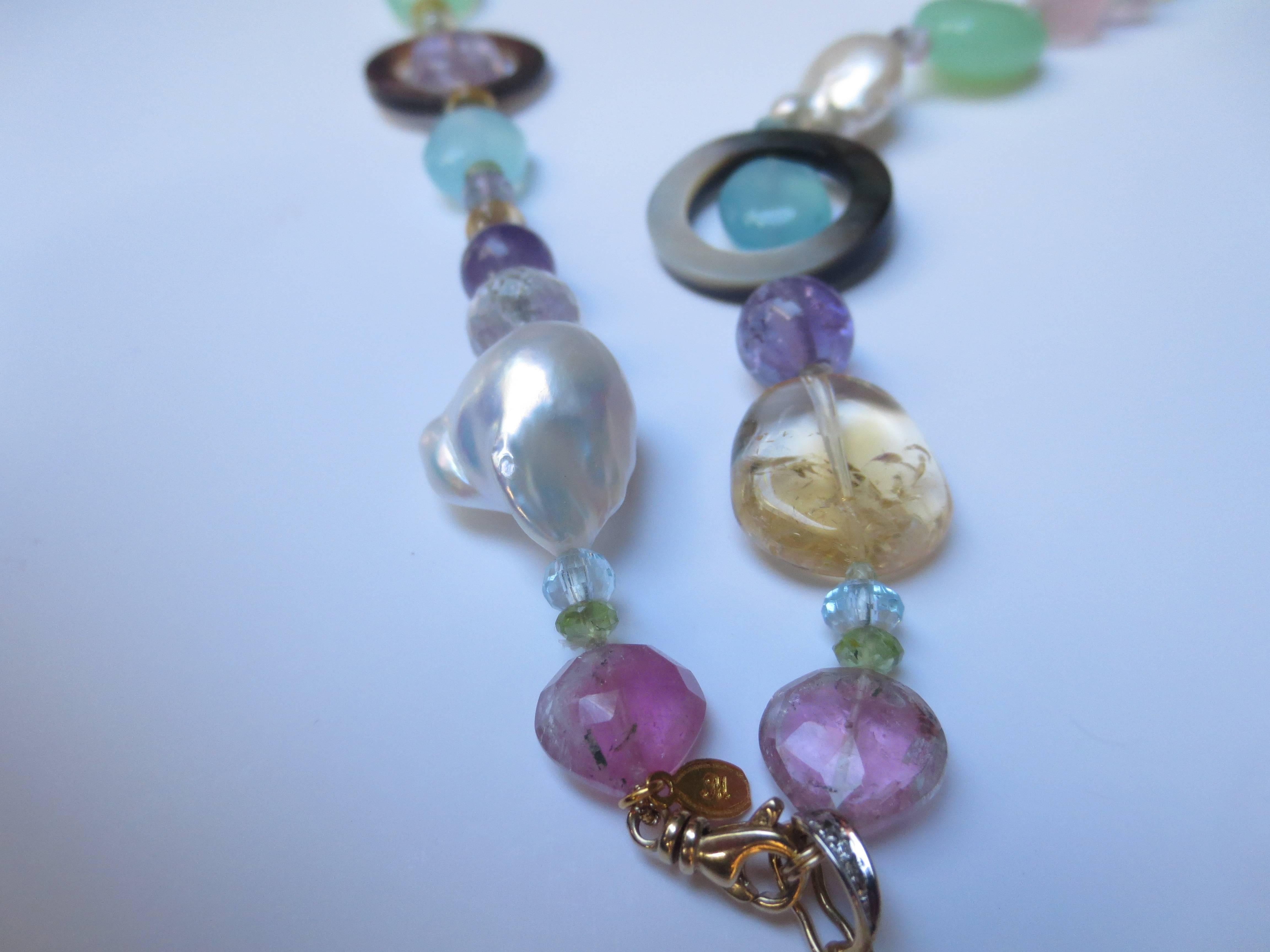 Women's or Men's Semi-Precious and Gold Lariat Necklace with Multi Gemstone Diamond Tassel 