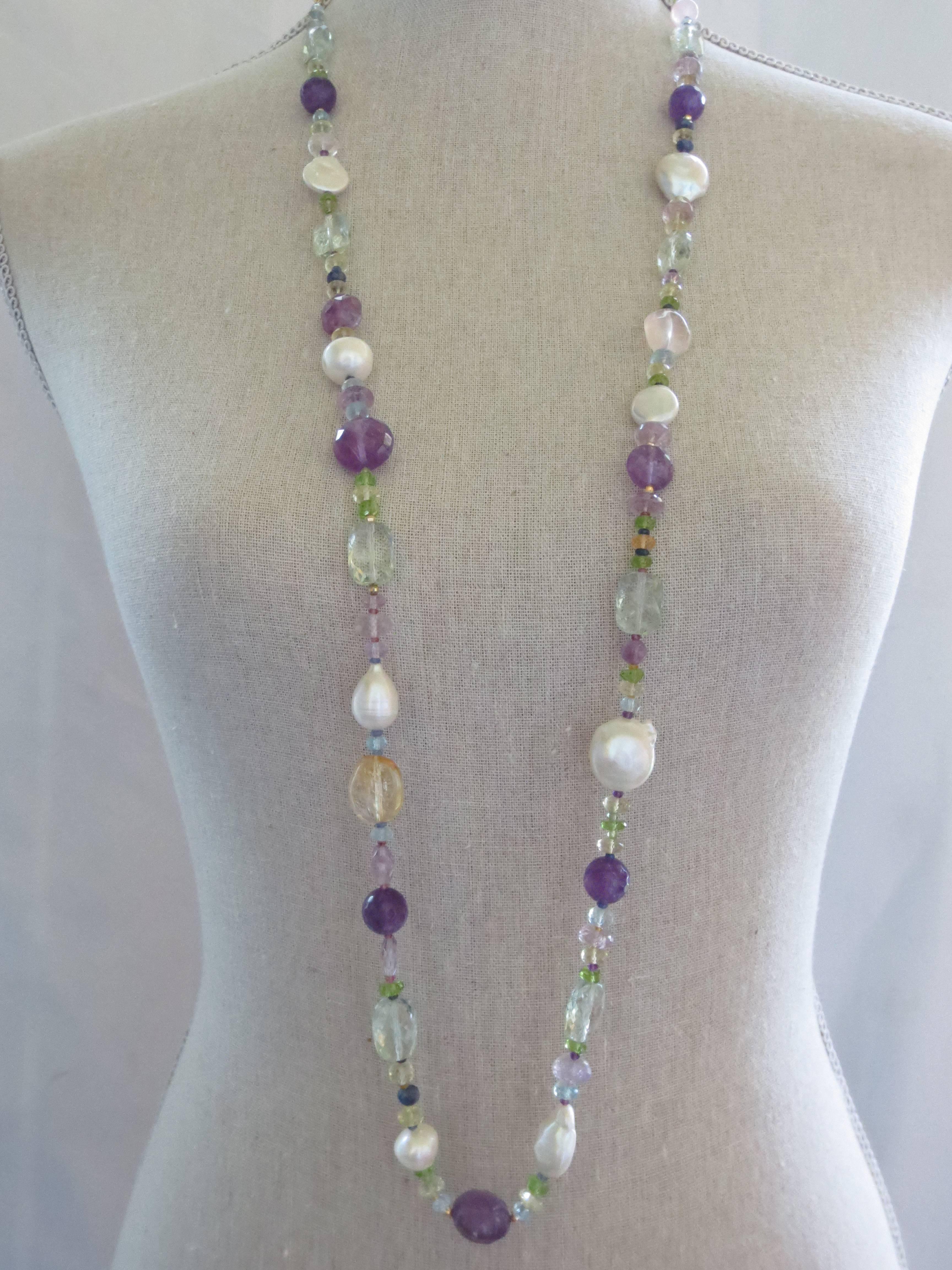 Pearl and Semiprecious Gemstones Long Lariat Necklace, 14K Gold Clasp & Tassel In New Condition In Los Angeles, CA