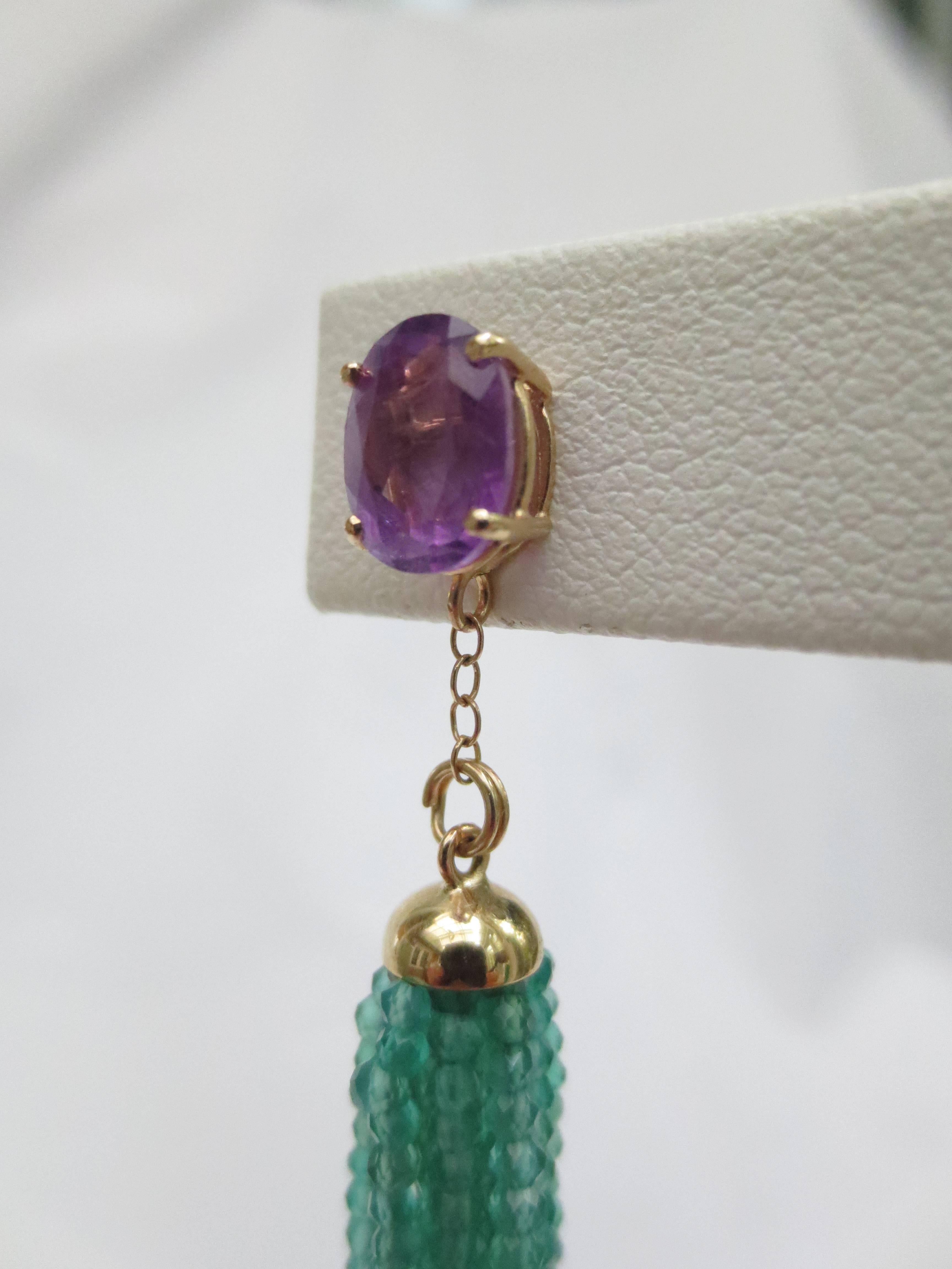 Artist Marina J Green Onyx tassel earrings & Amethyst stone stud in 14K Yellow Gold 