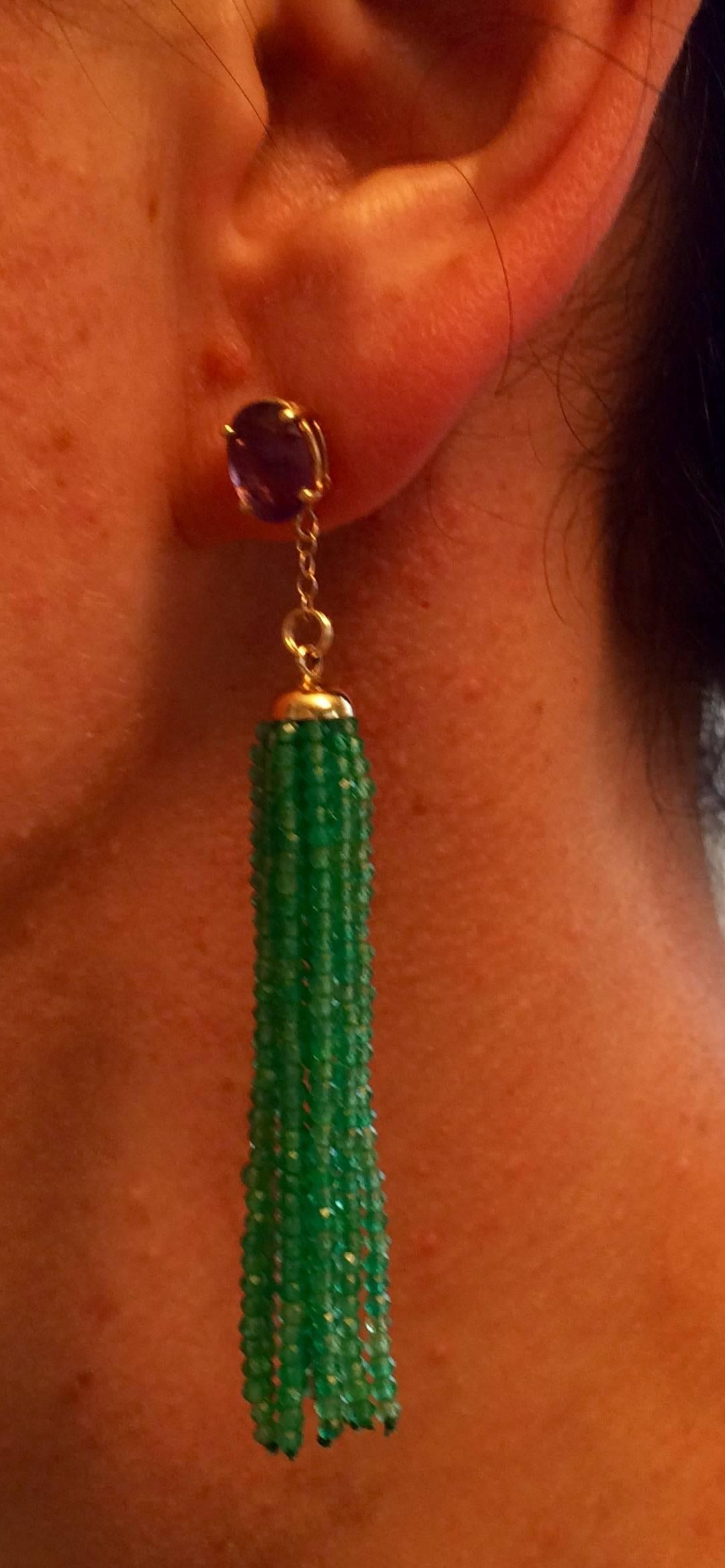 Bead Marina J Green Onyx tassel earrings & Amethyst stone stud in 14K Yellow Gold 