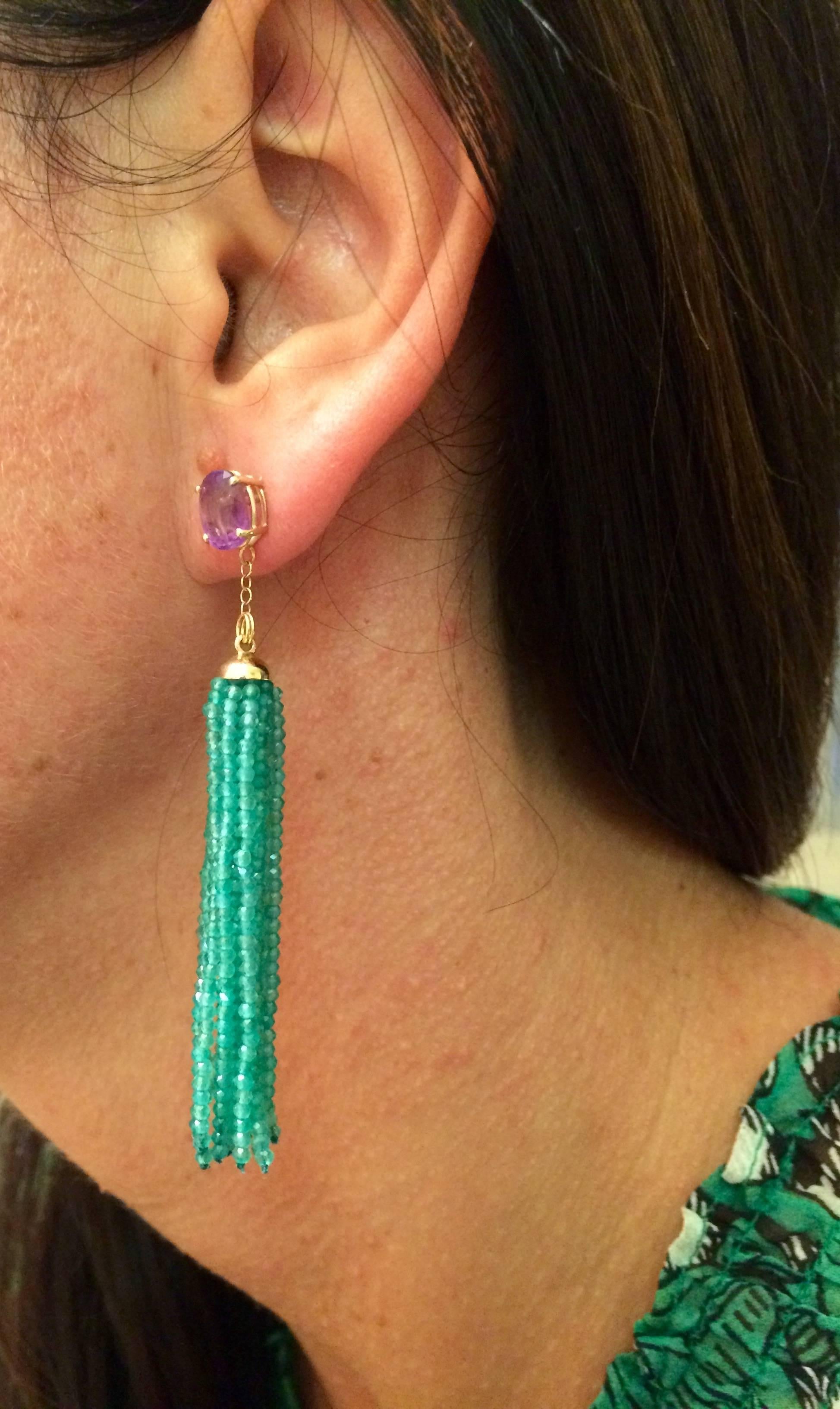 Marina J Green Onyx tassel earrings & Amethyst stone stud in 14K Yellow Gold  In New Condition In Los Angeles, CA