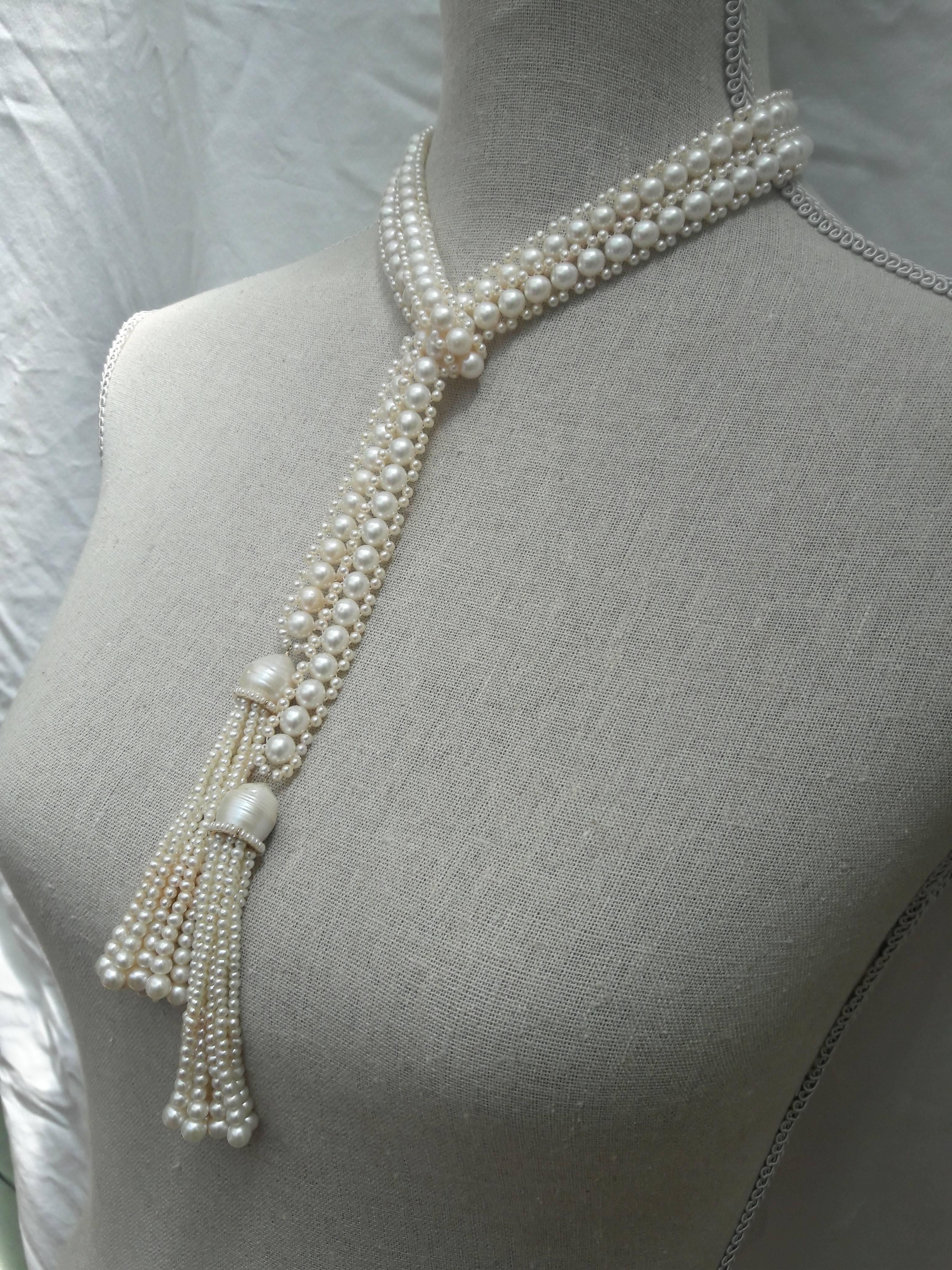 Multi-strand Woven Pearl Sautoir with Baroque and Seed Pearl Tassels In New Condition In Los Angeles, CA