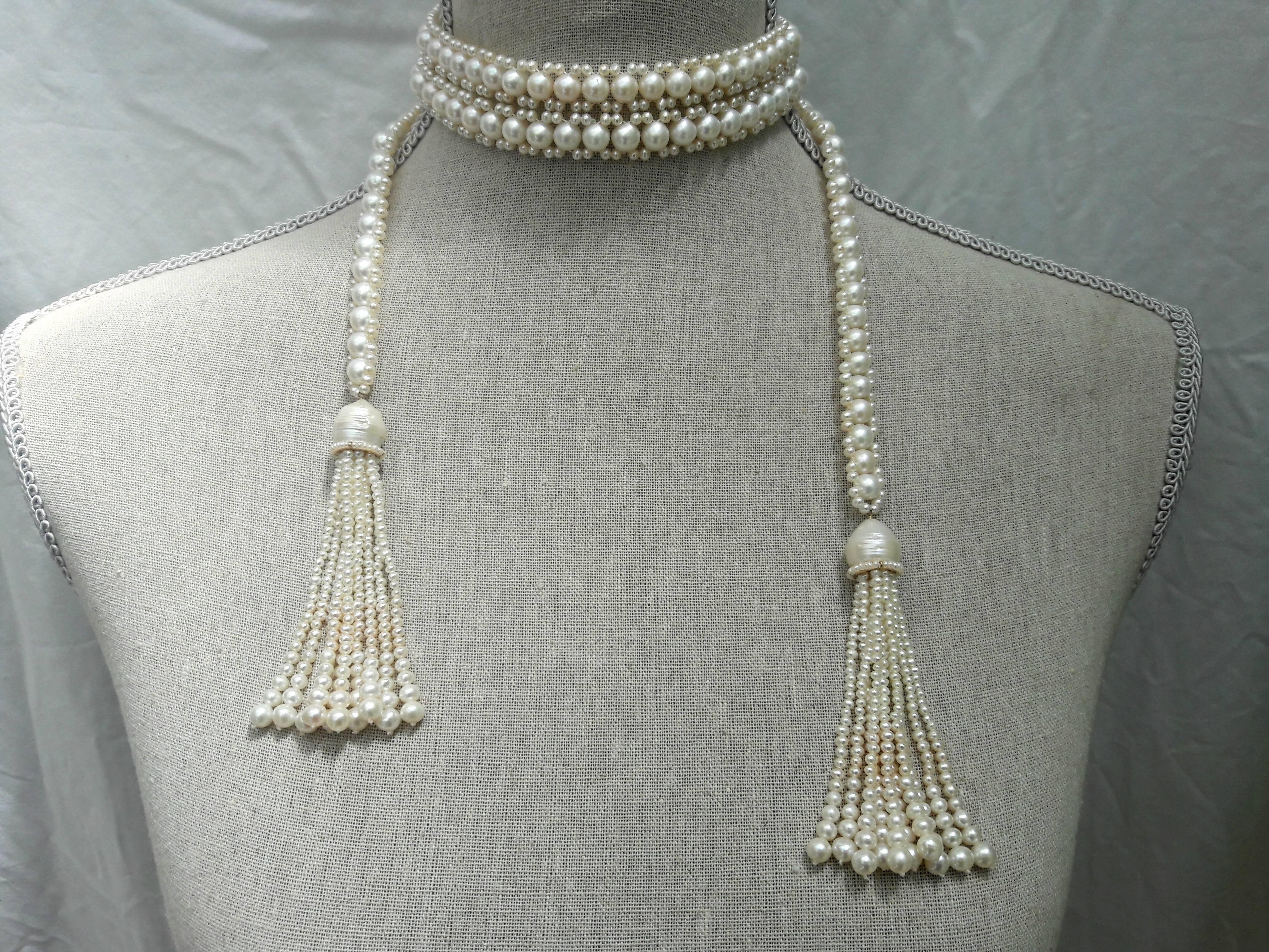 Women's Multi-strand Woven Pearl Sautoir with Baroque and Seed Pearl Tassels