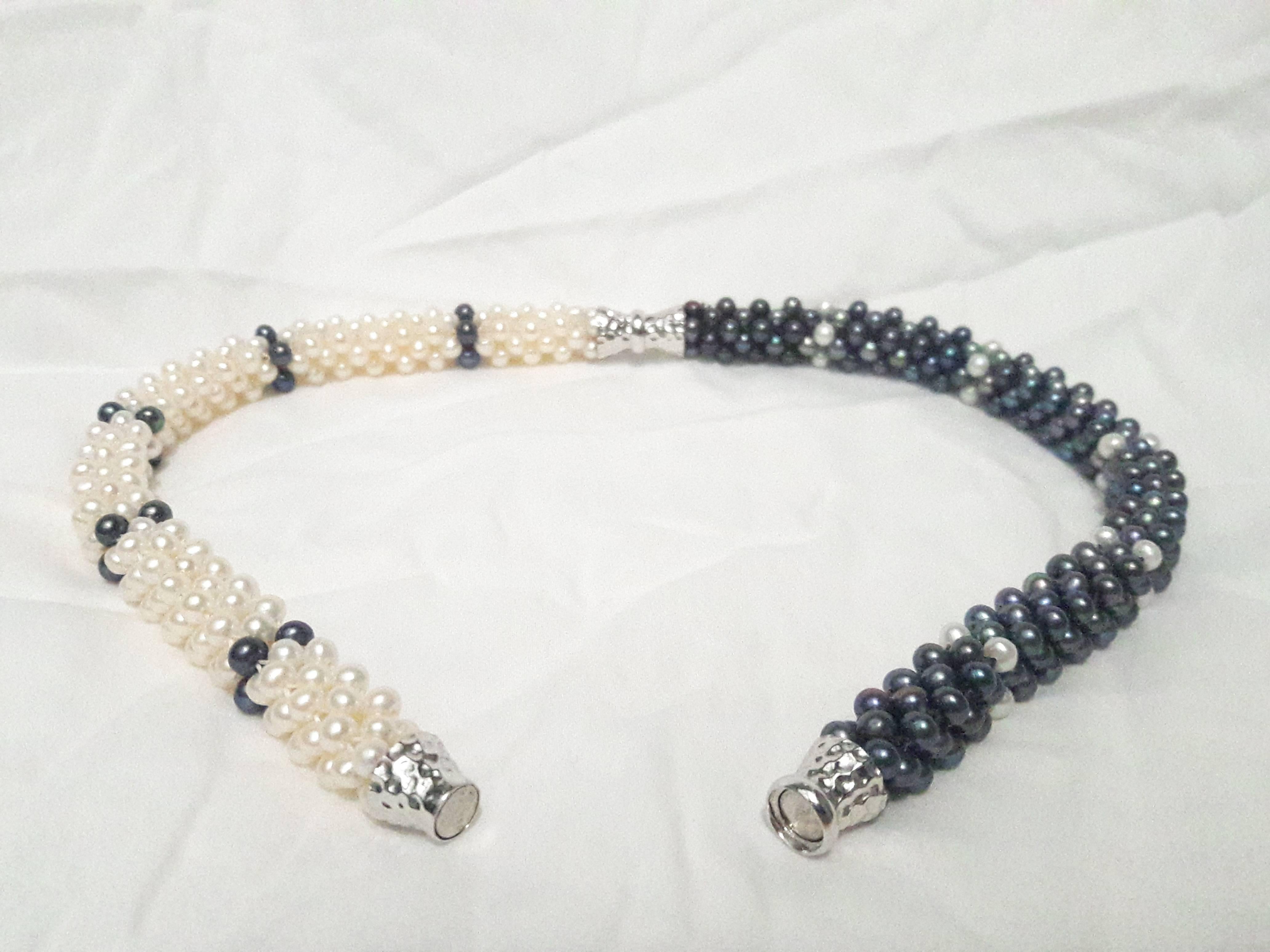 Artist Woven Black and White Pearl Rope Necklace with Silver Magnetic Clasp