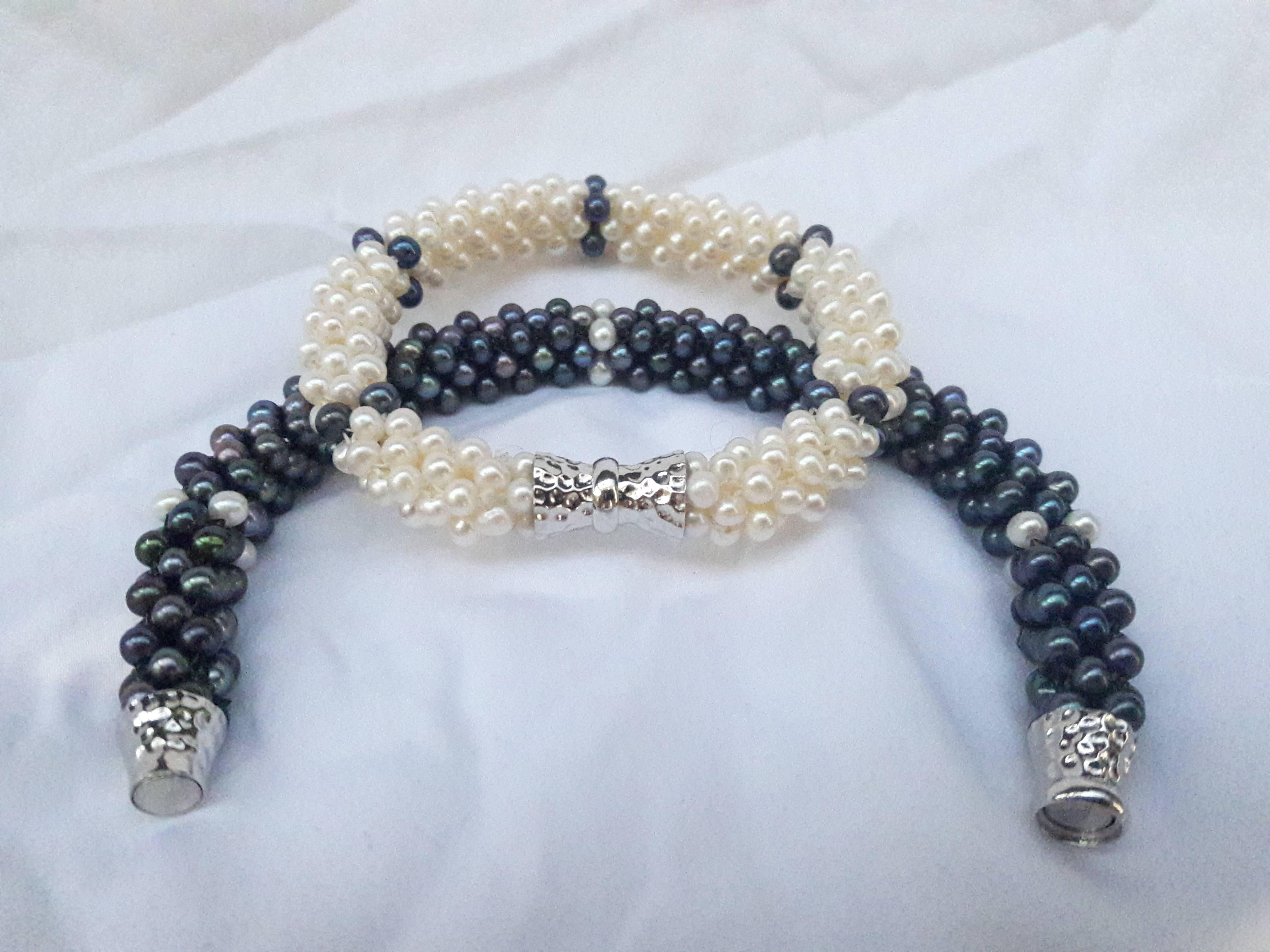 Woven Black and White Pearl Rope Necklace with Silver Magnetic Clasp 1