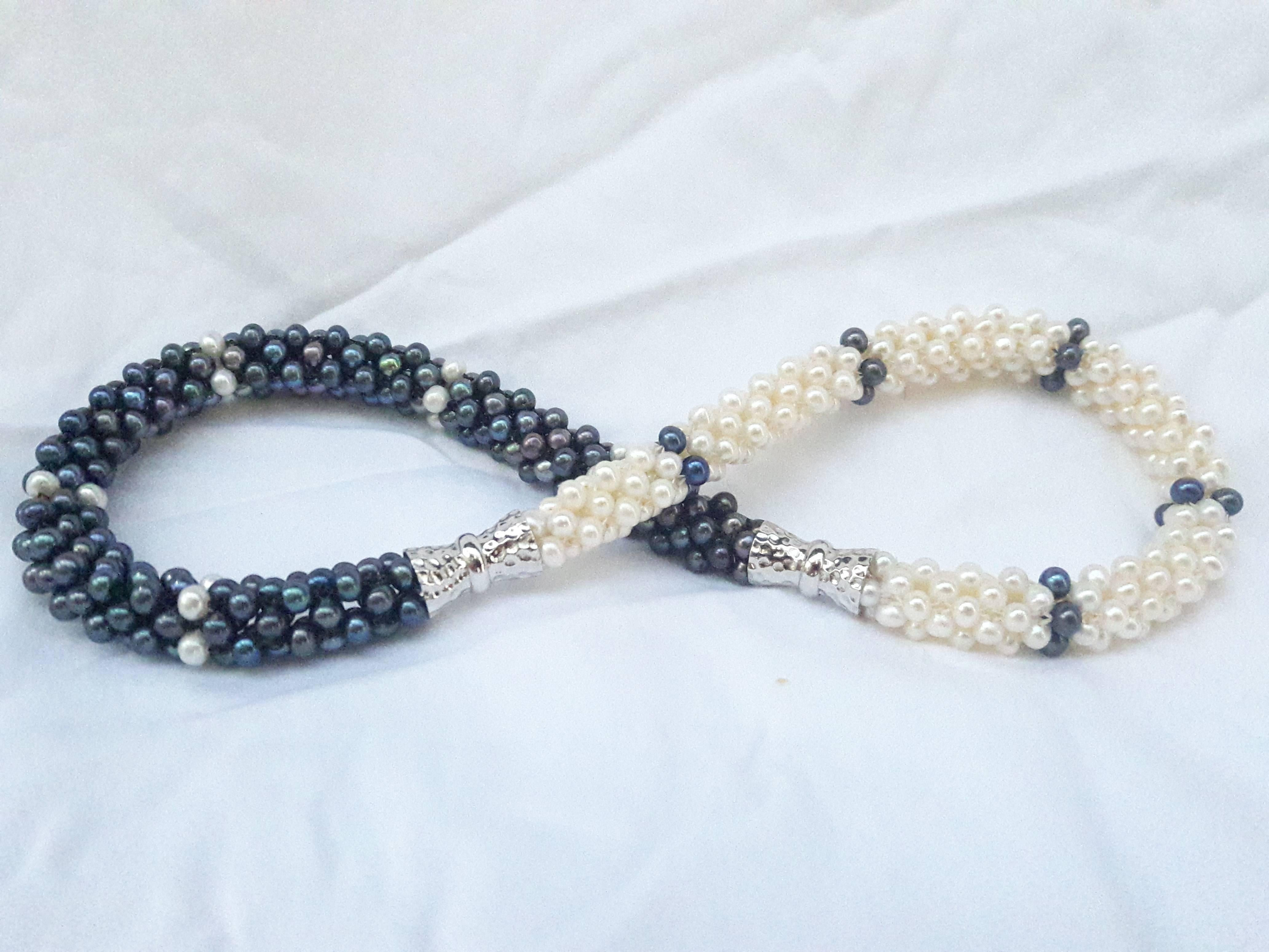 Woven Black and White Pearl Rope Necklace with Silver Magnetic Clasp 3