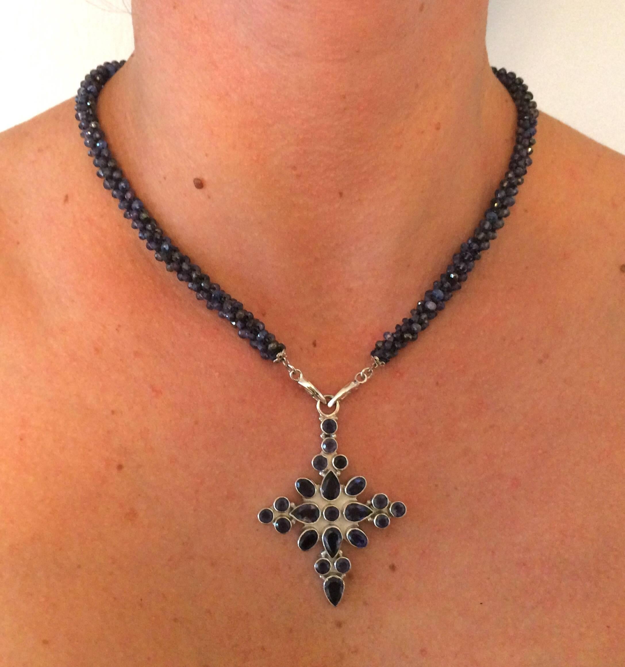 Artist MarinaJ  Woven Iolite & Sapphire Necklace with 14 k Gold &Handmade Silver Cross