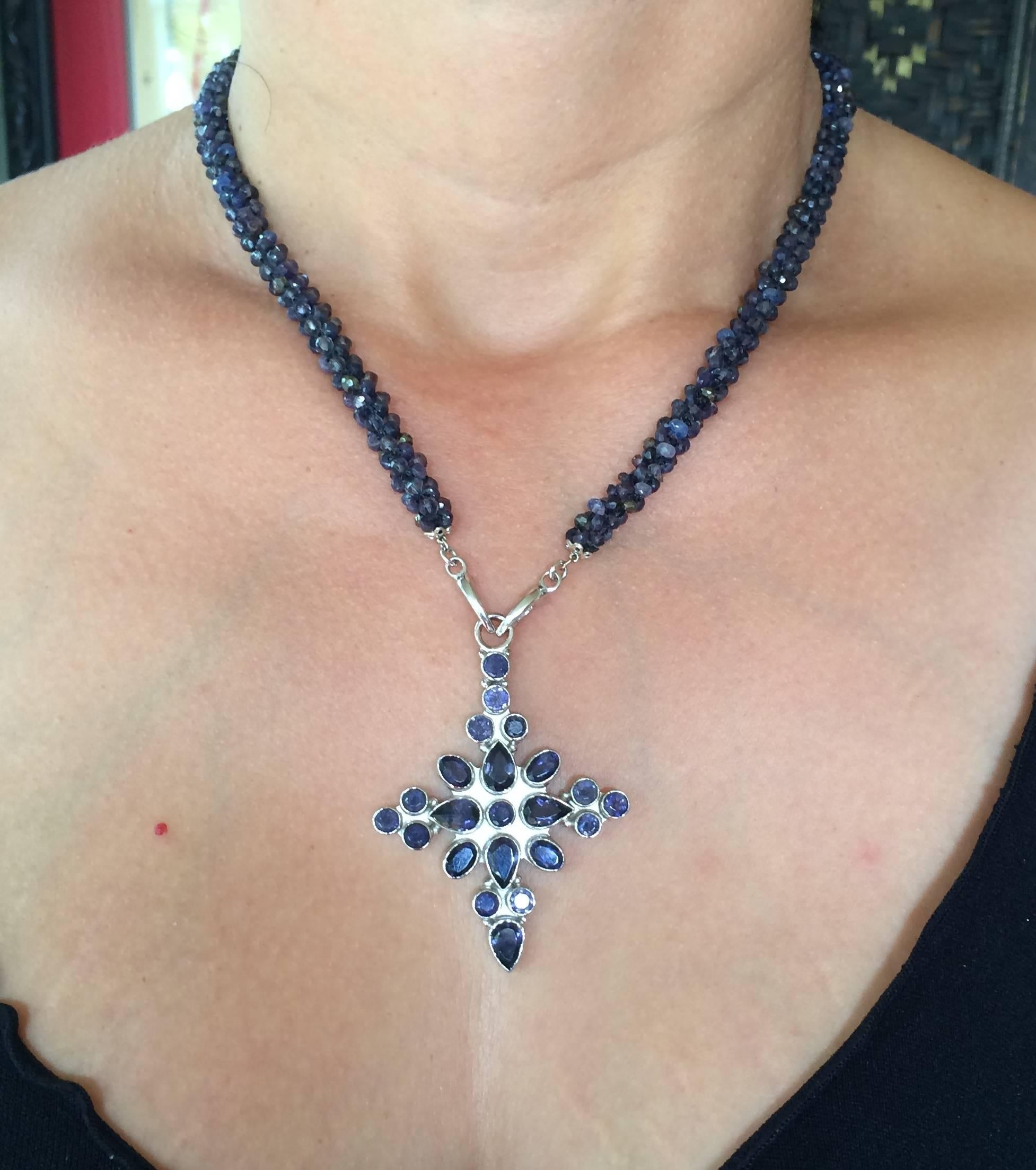 Bead MarinaJ  Woven Iolite & Sapphire Necklace with 14 k Gold &Handmade Silver Cross 