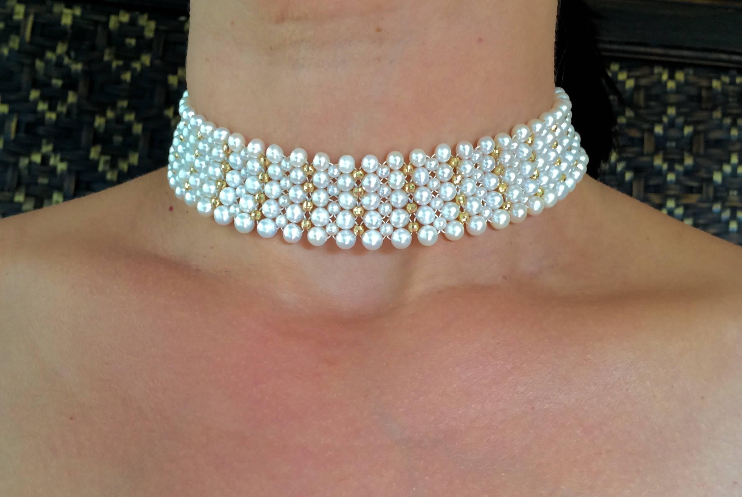 Woven Pearl Choker with Gold Faceted Beads and Adjustable Gold Clasp 4