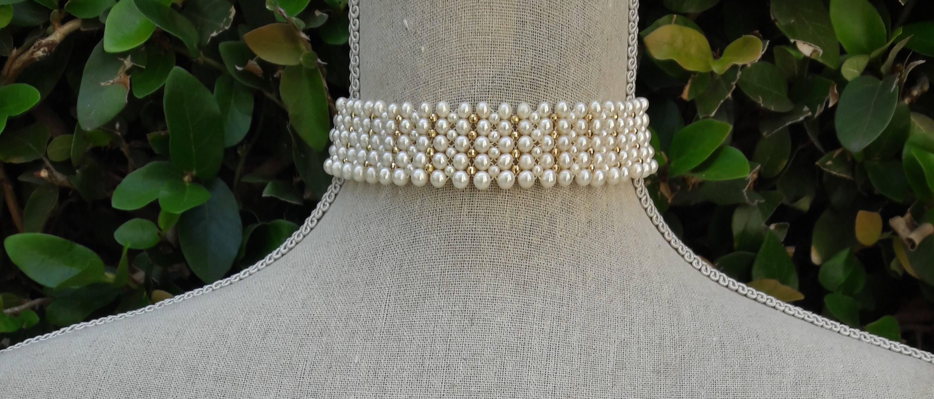 Artist Woven Pearl Choker with Gold Faceted Beads and Adjustable Gold Clasp