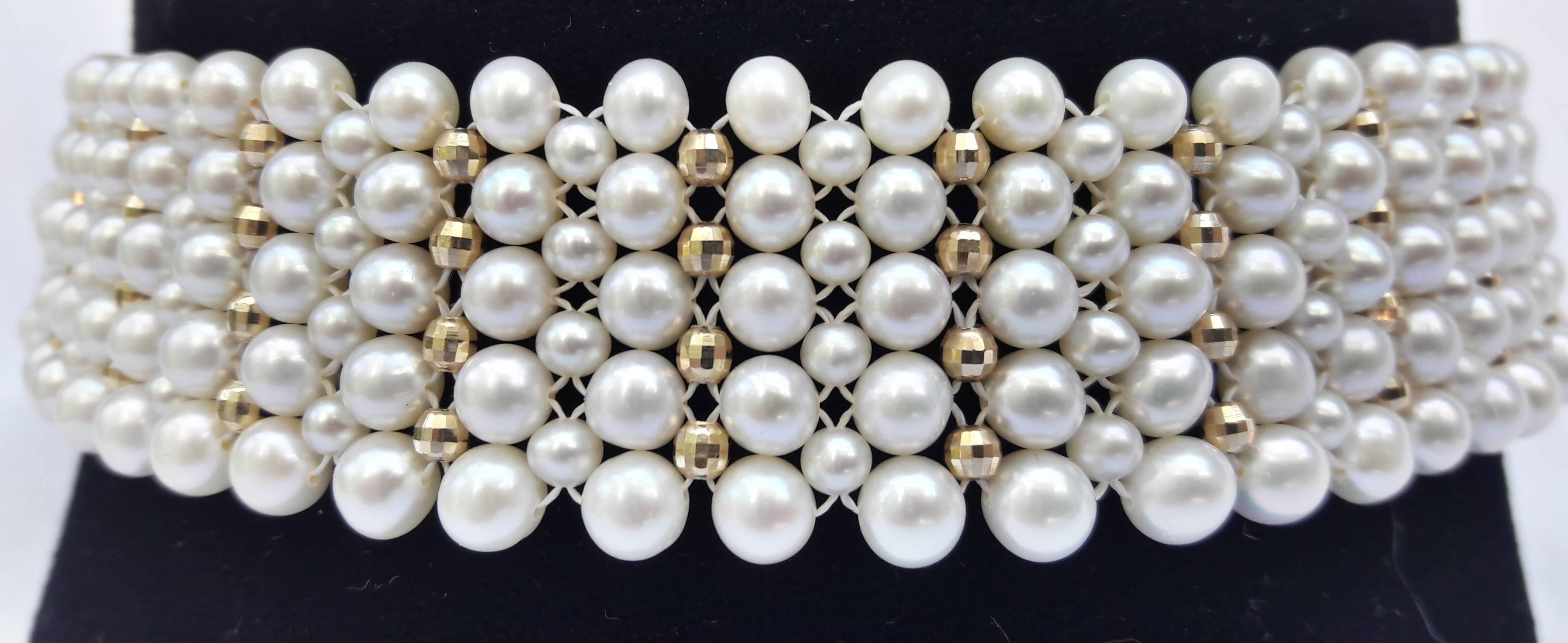 Woven Pearl Choker with Gold Faceted Beads and Adjustable Gold Clasp 1