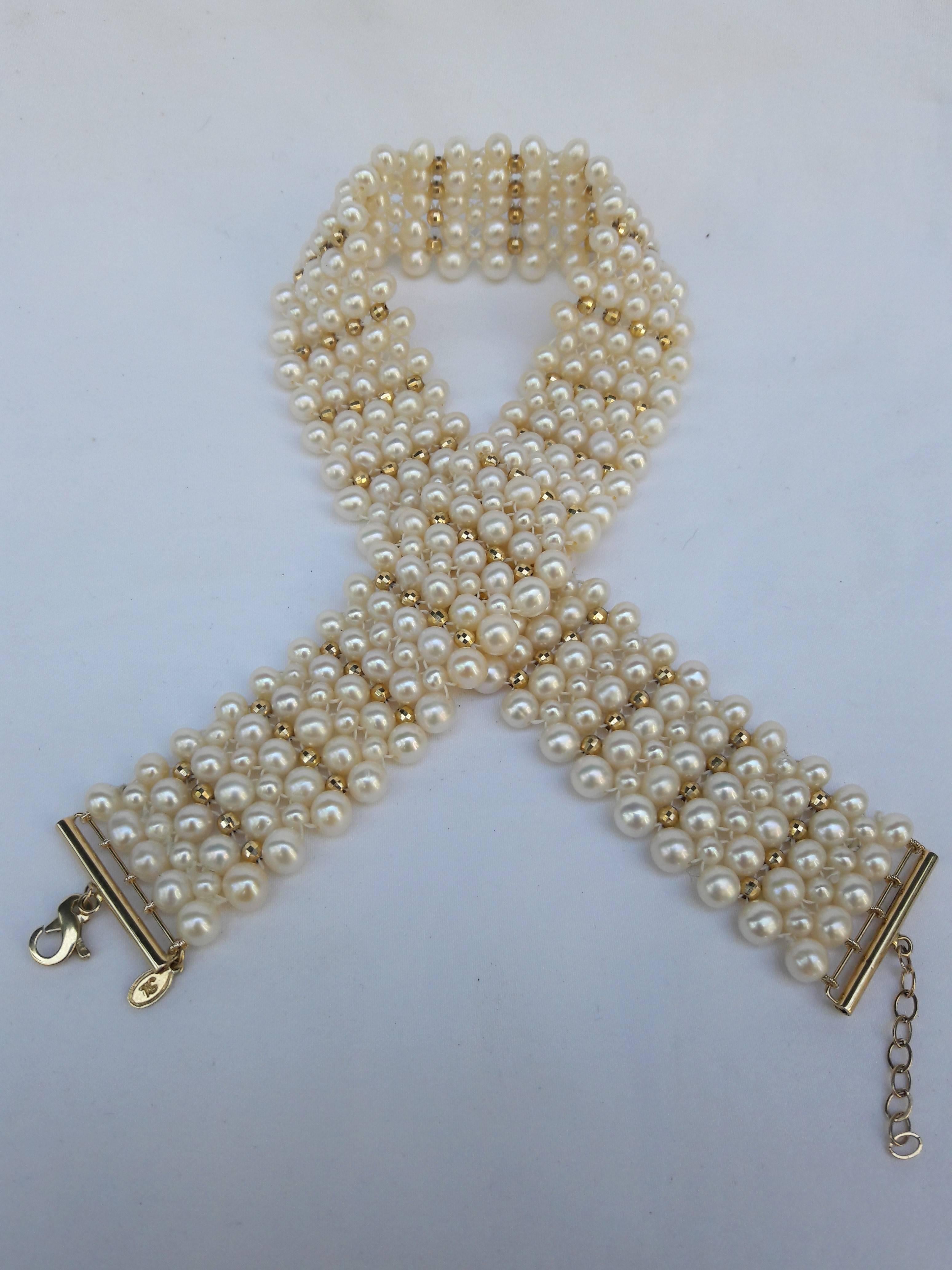 Woven Pearl Choker with Gold Faceted Beads and Adjustable Gold Clasp 5