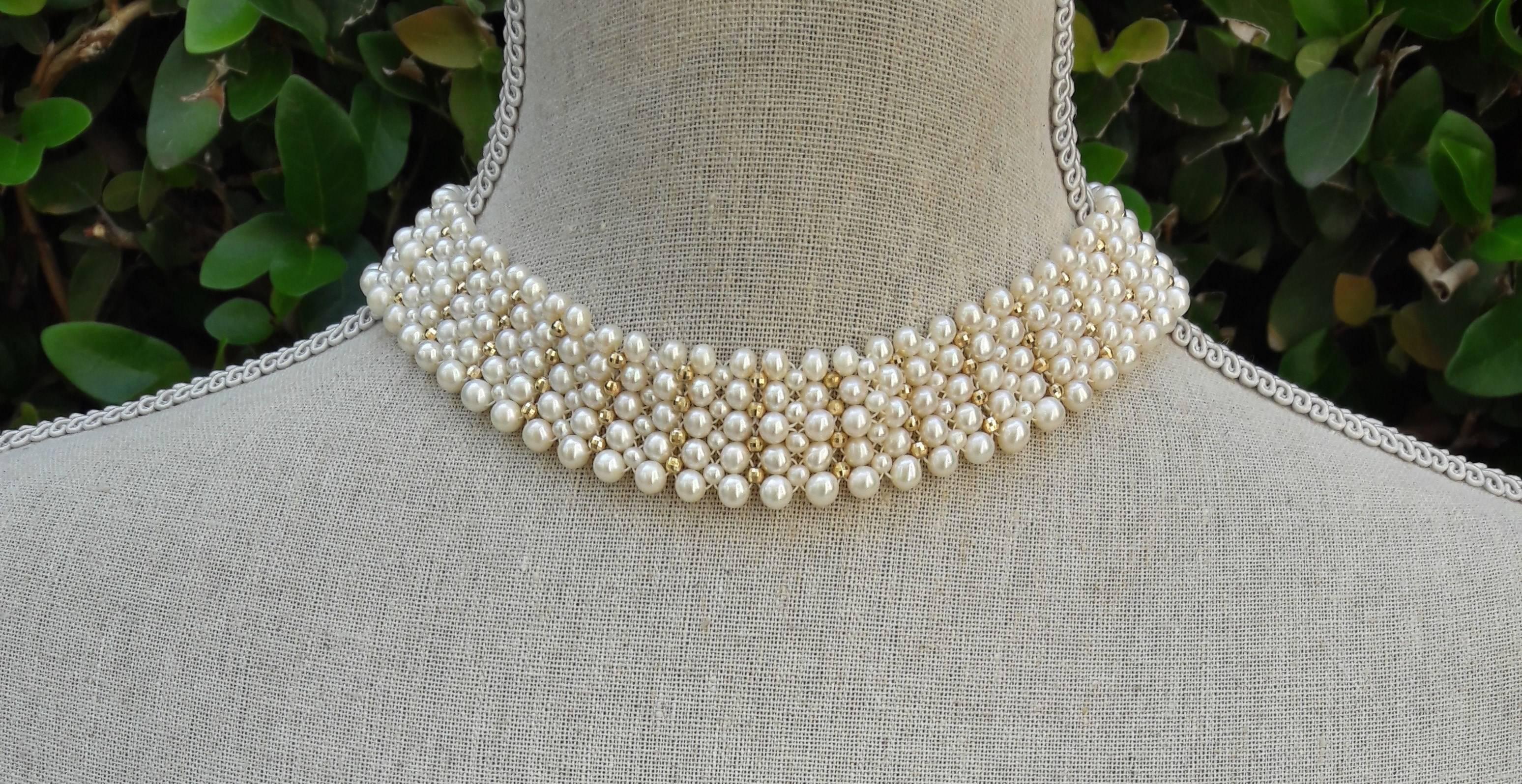 Woven Pearl Choker with Gold Faceted Beads and Adjustable Gold Clasp In New Condition In Los Angeles, CA