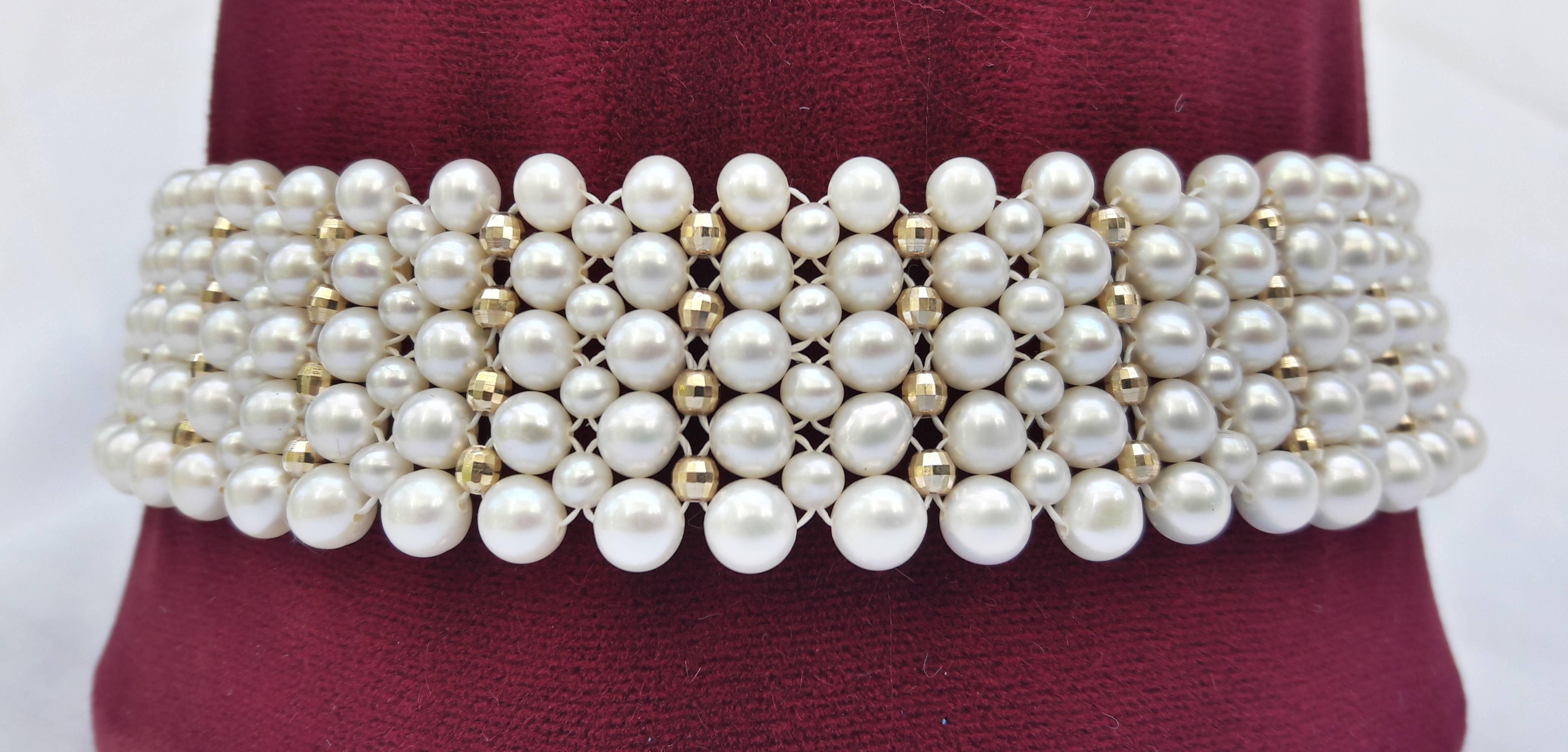 Woven Pearl Choker with Gold Faceted Beads and Adjustable Gold Clasp 2