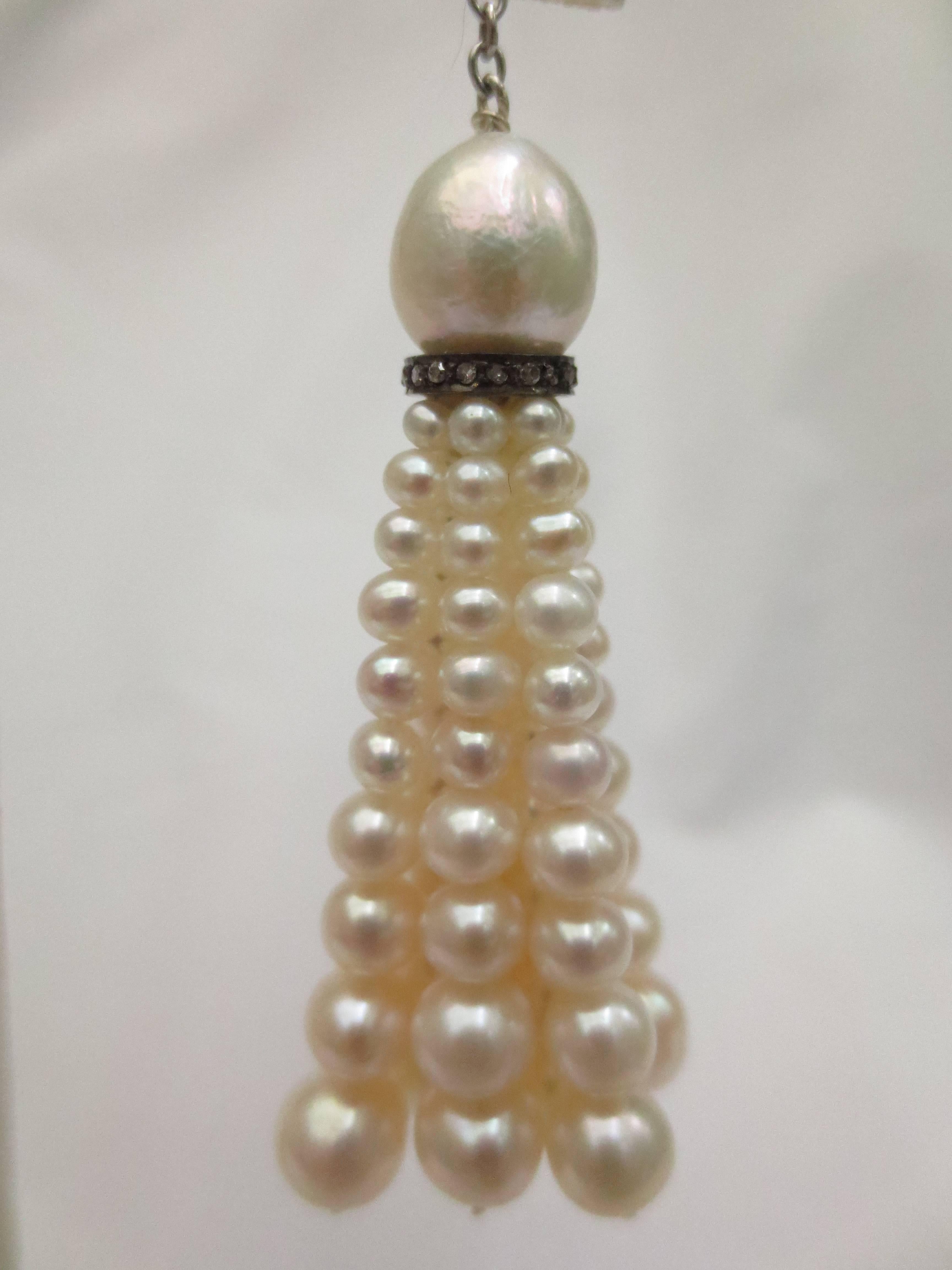Marina J Graduated Cultured Pearl Tassel Earrings with 14 k  Gold and Diamonds In New Condition In Los Angeles, CA