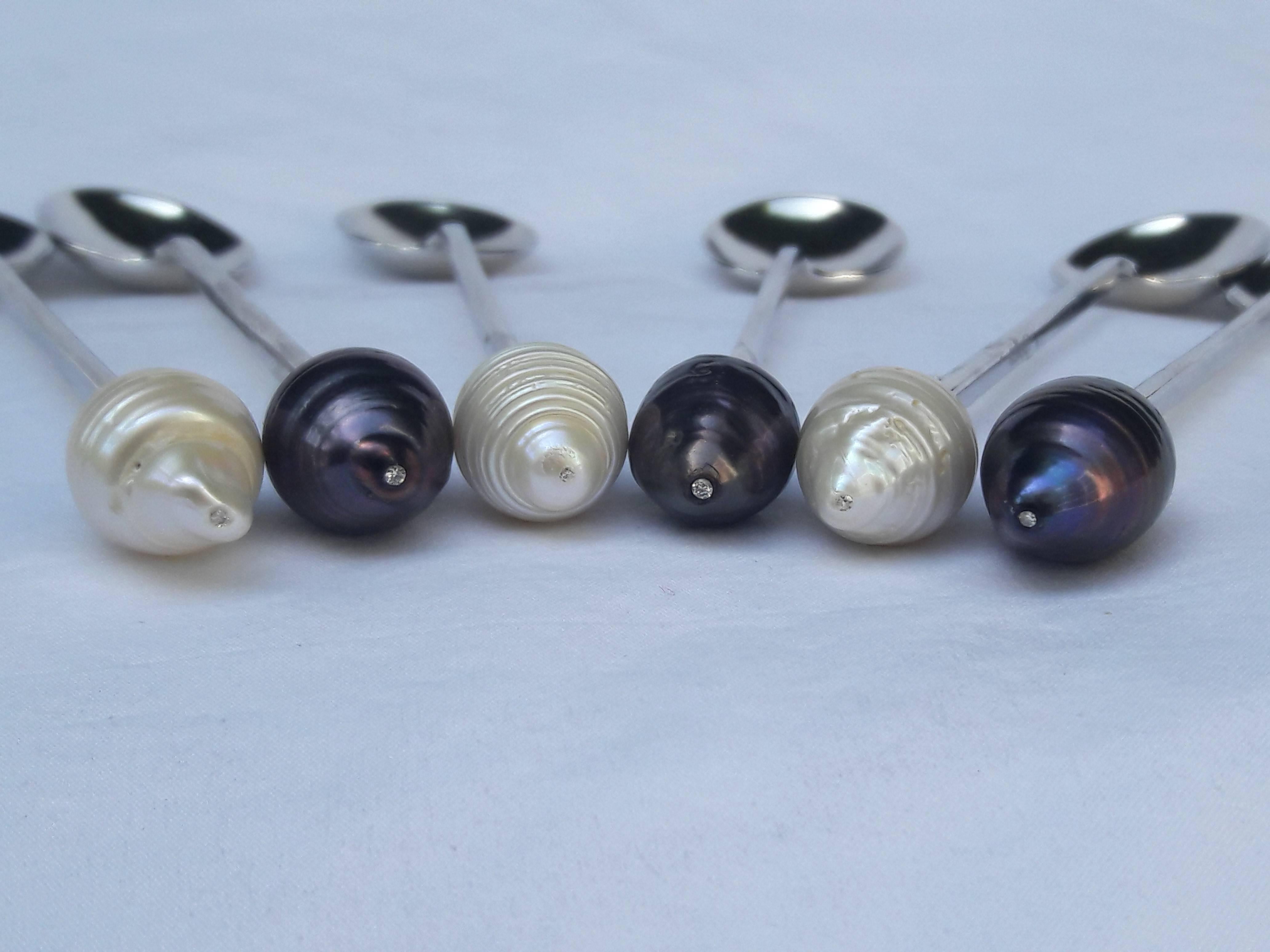 Women's or Men's Marina J Sterling Silver Spoons with Baroque Black and White Pearls and Diamonds