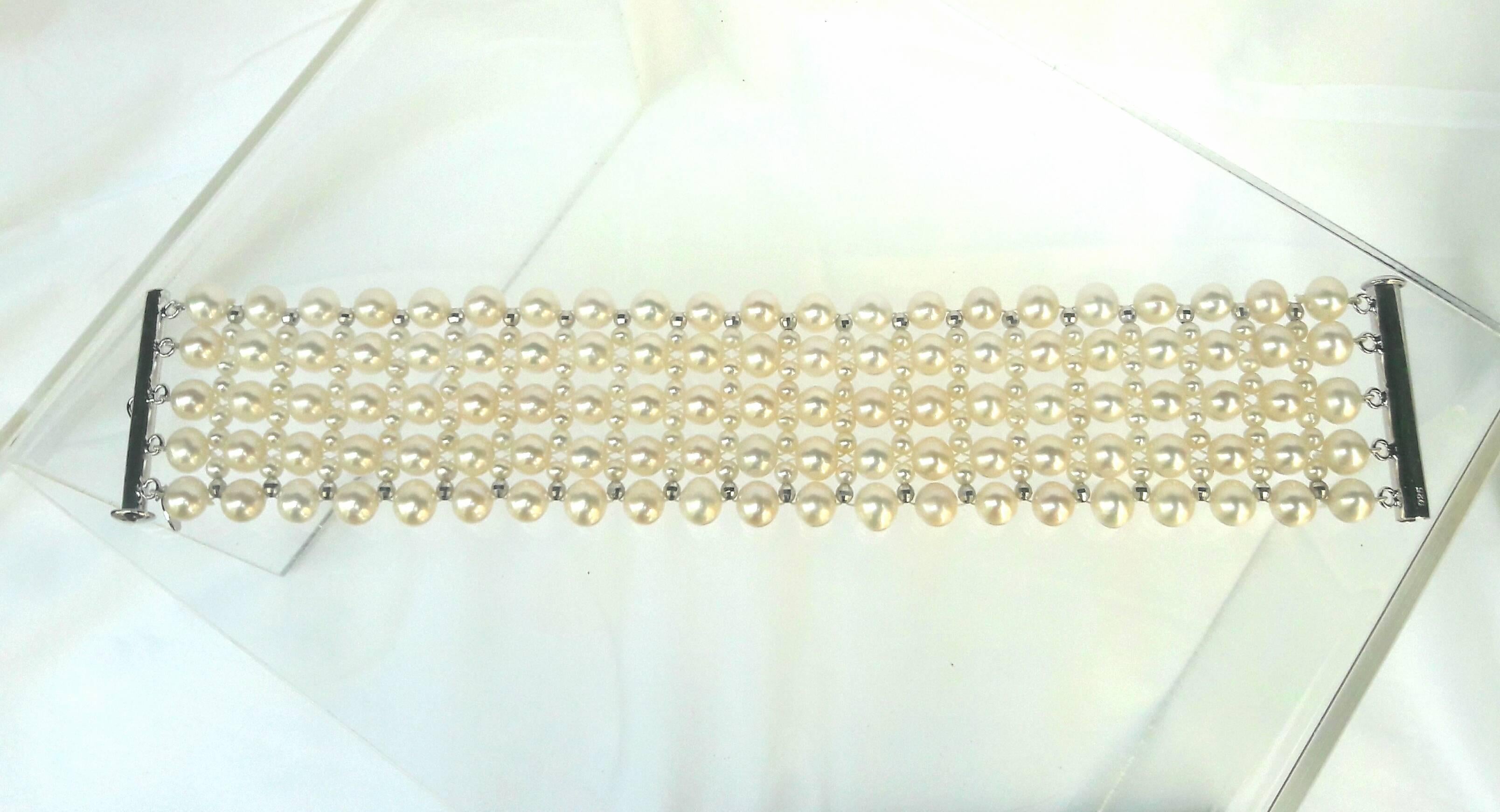Artist Marina J Multi Strand Intricately Woven Pearl Bracelet with Rhodium Silver Clasp