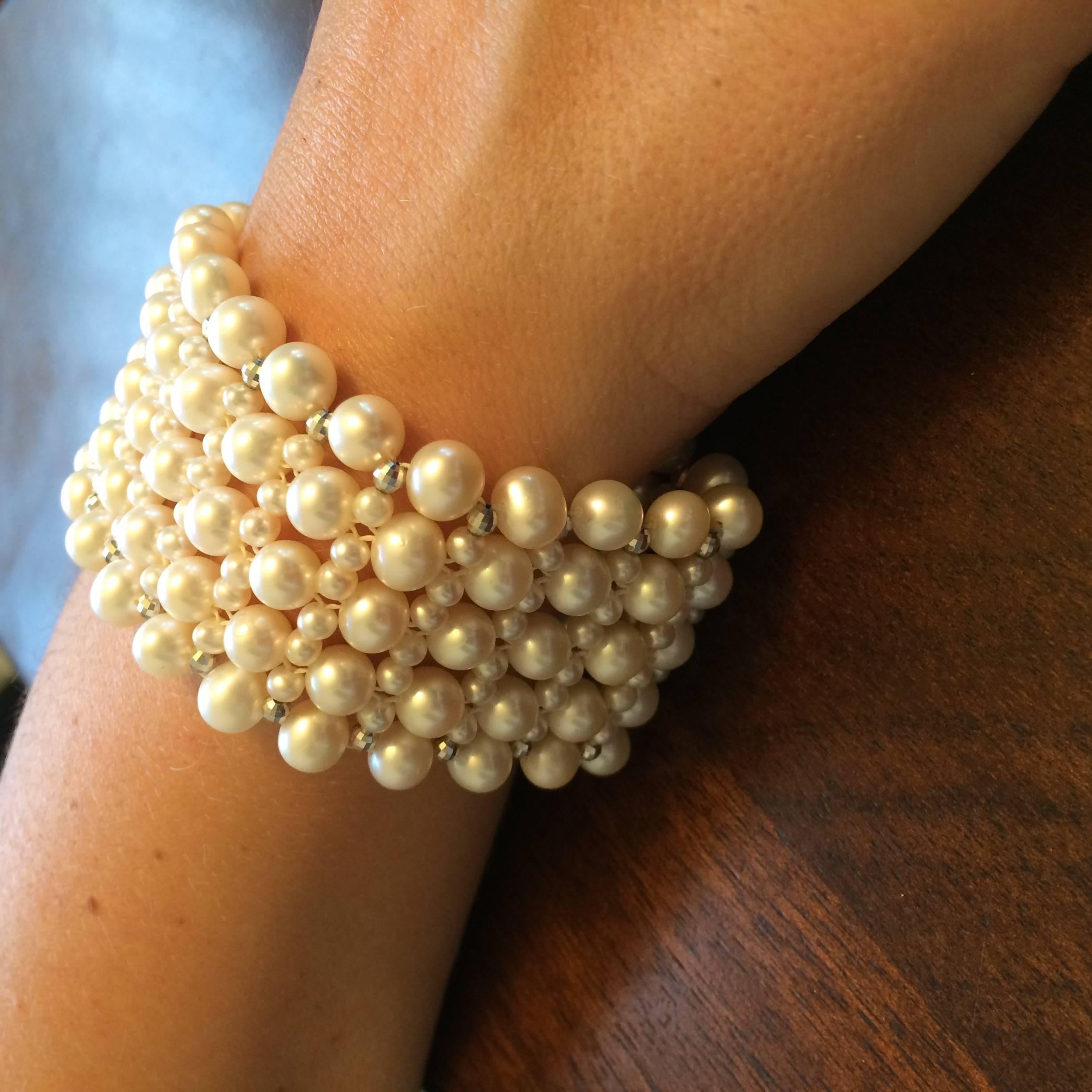 Bead Marina J Multi Strand Intricately Woven Pearl Bracelet with Rhodium Silver Clasp