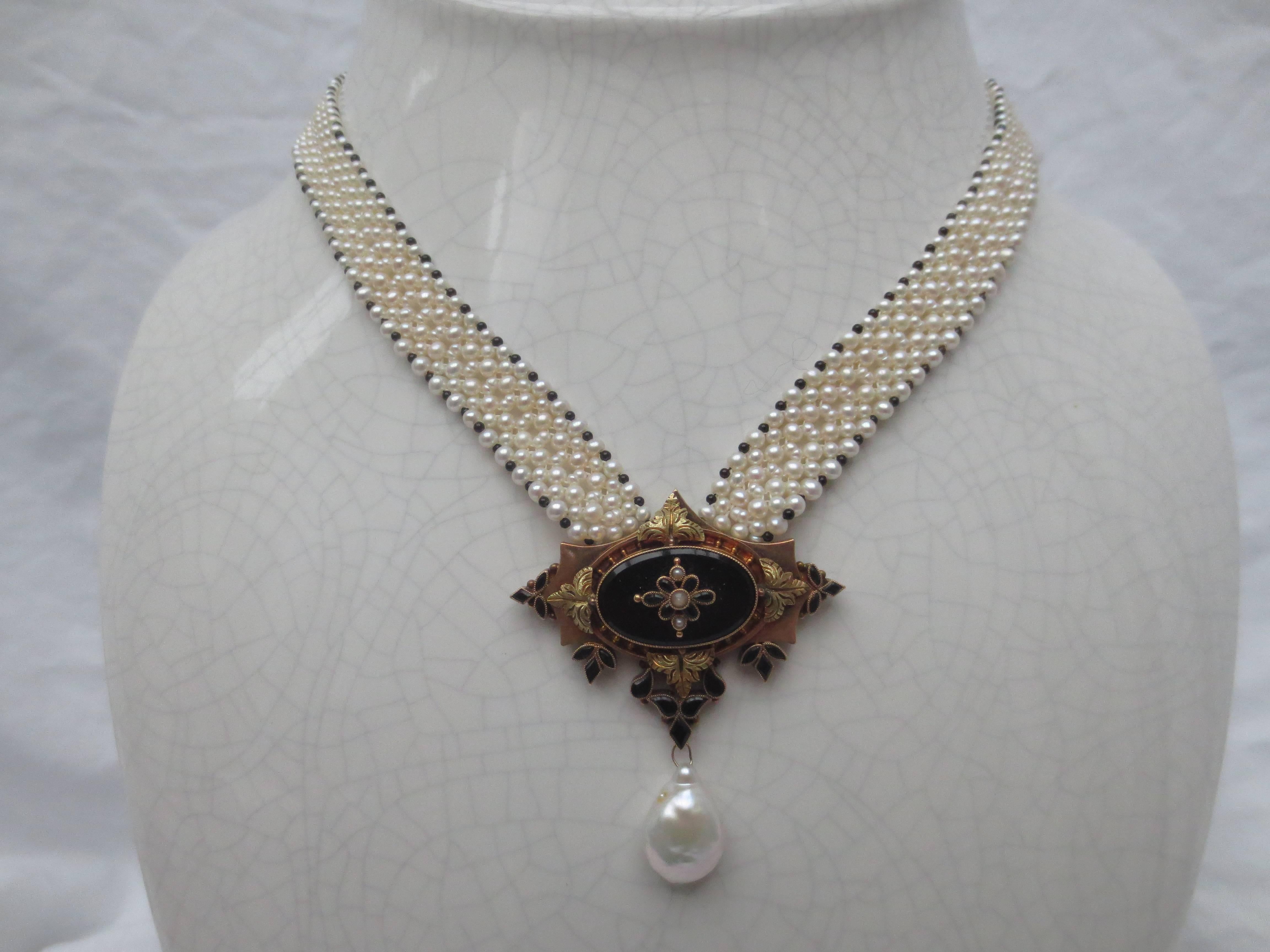 Woven Multi-Strand Pearl and Onyx Necklace with Antique Victorian Centerpiece 5