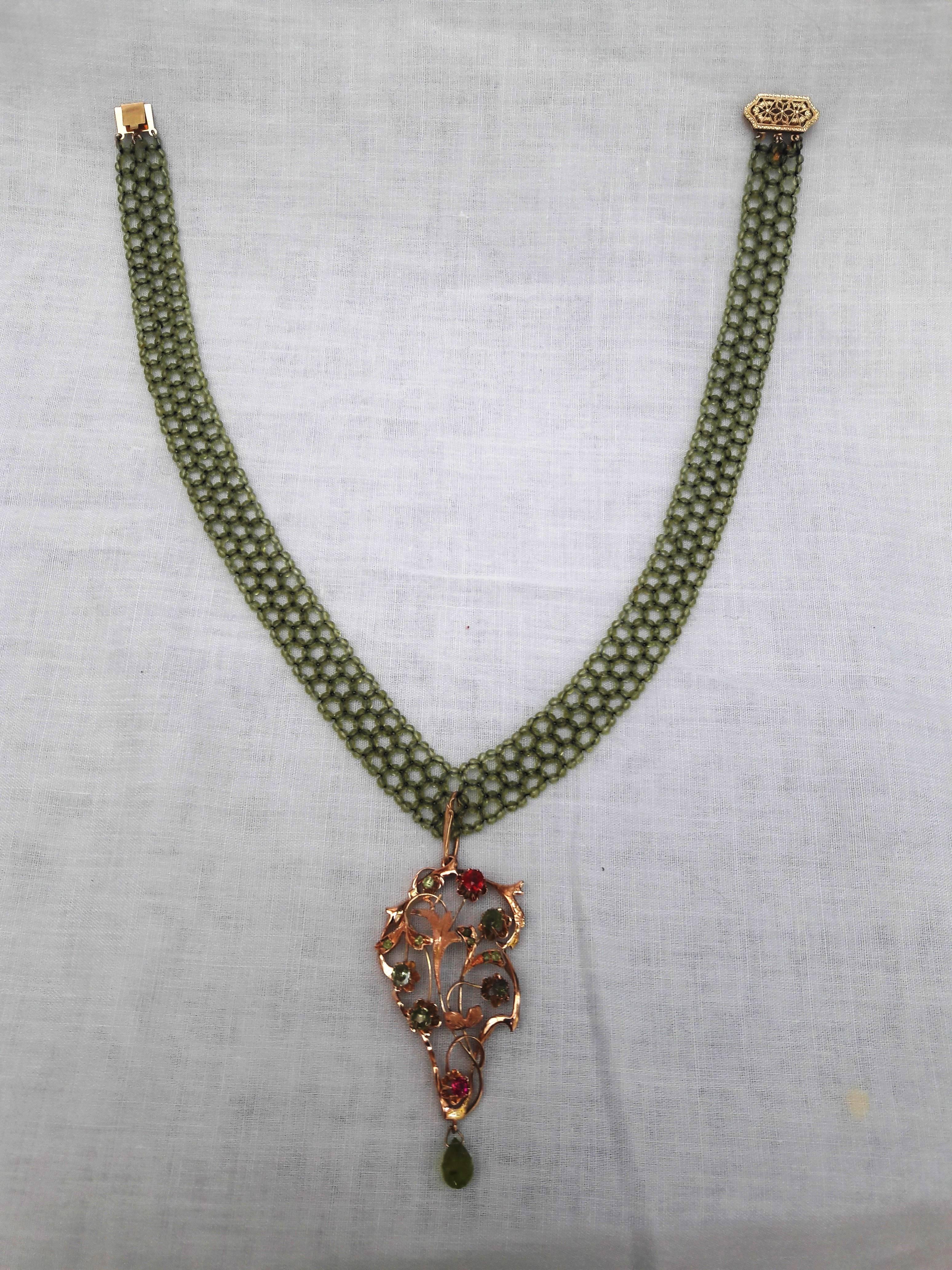 Women's Woven Peridot Bead Necklace with Brooch of Ruby Peridot and Gold