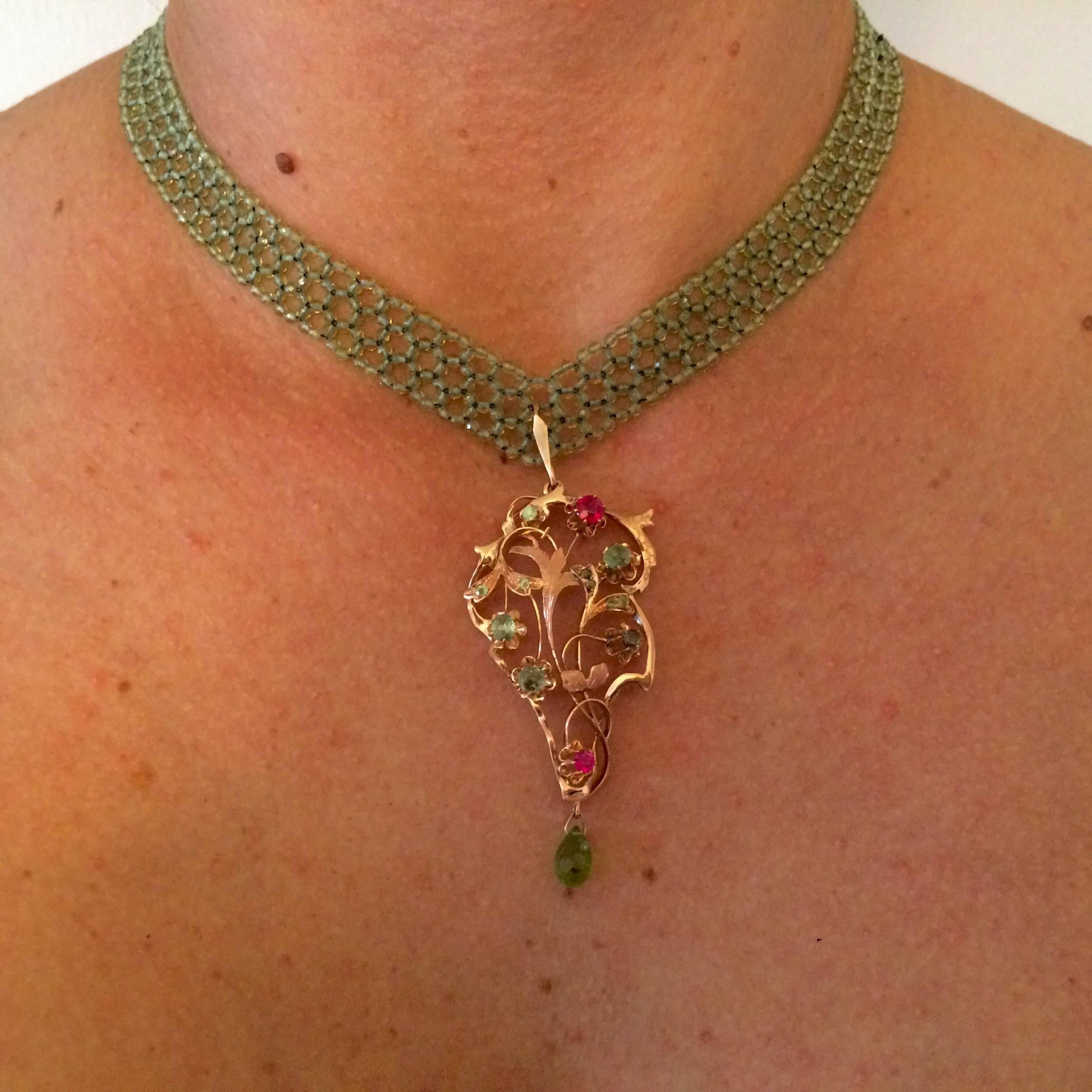 Woven Peridot Bead Necklace with Brooch of Ruby Peridot and Gold 1