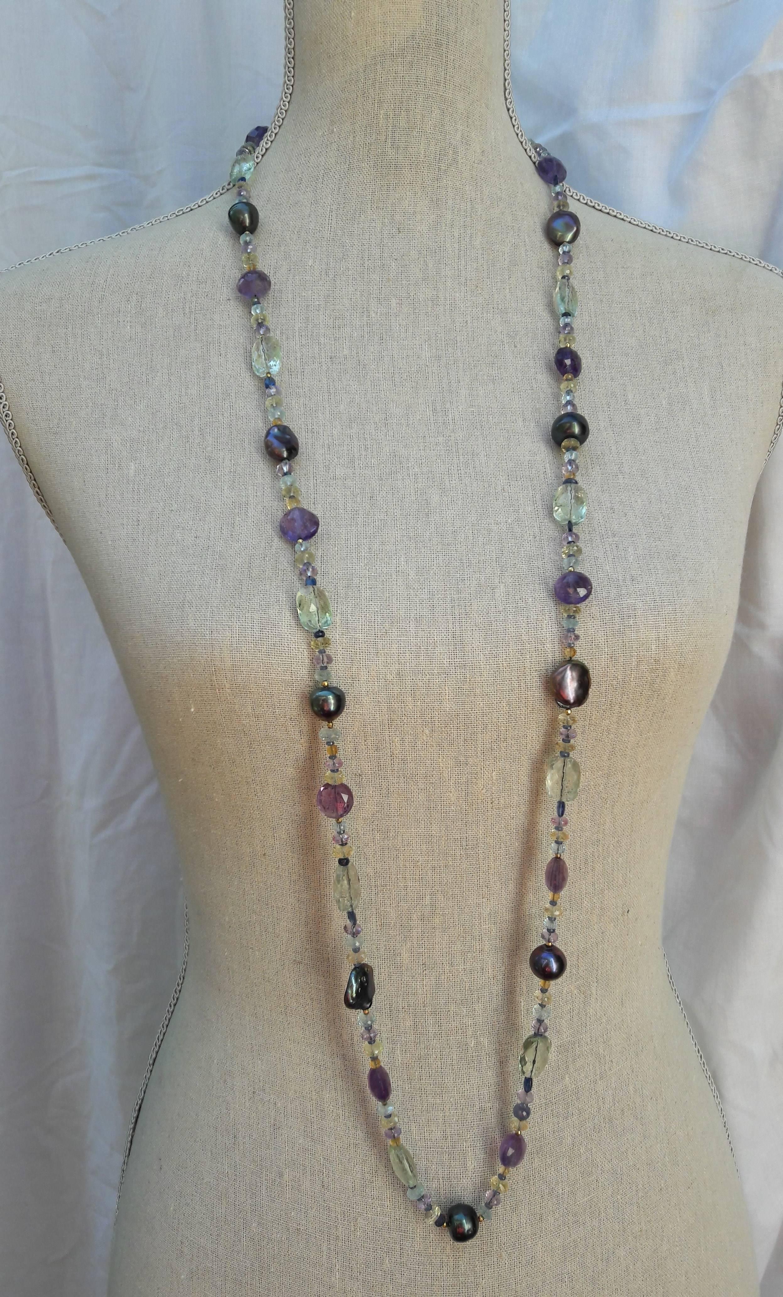 Artist Marina J Black Pearl Sautoir with Semi-Precious Beads, 14k gold, removable tassel 