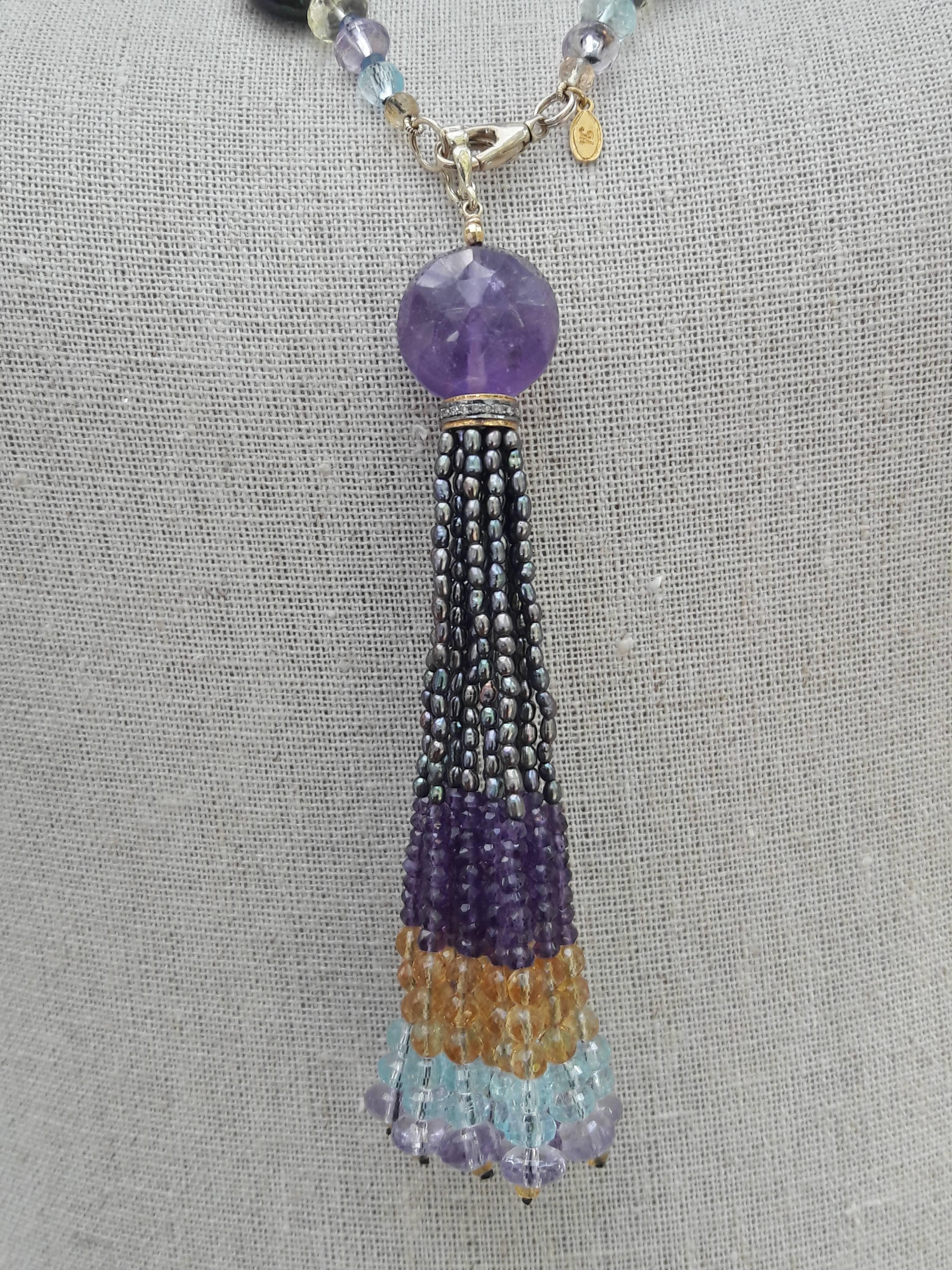 Marina J Black Pearl Sautoir with Semi-Precious Beads, 14k gold, removable tassel  In New Condition In Los Angeles, CA