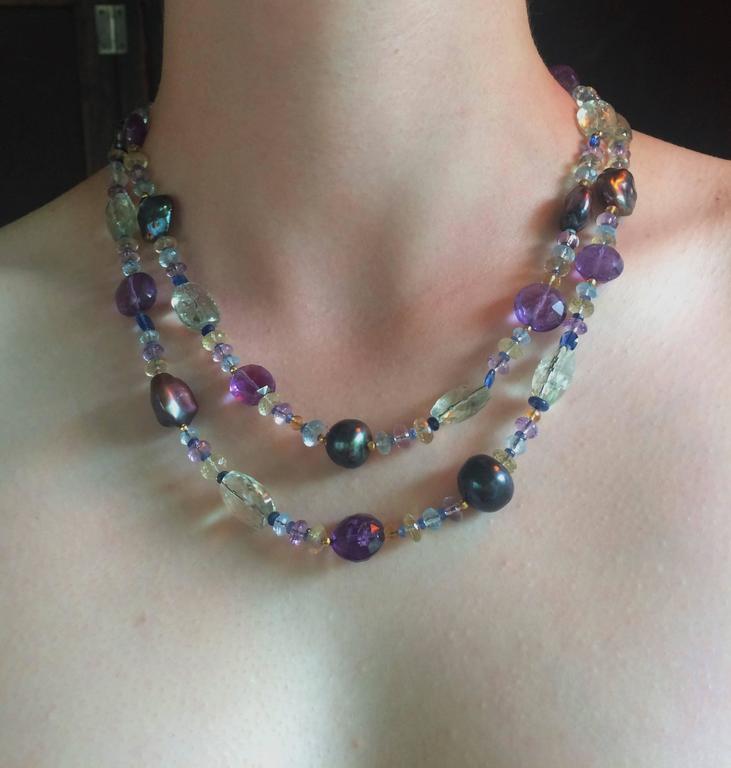 Baroque Black Pearl SemiPrecious Beads Gold Lariat Necklace For Sale