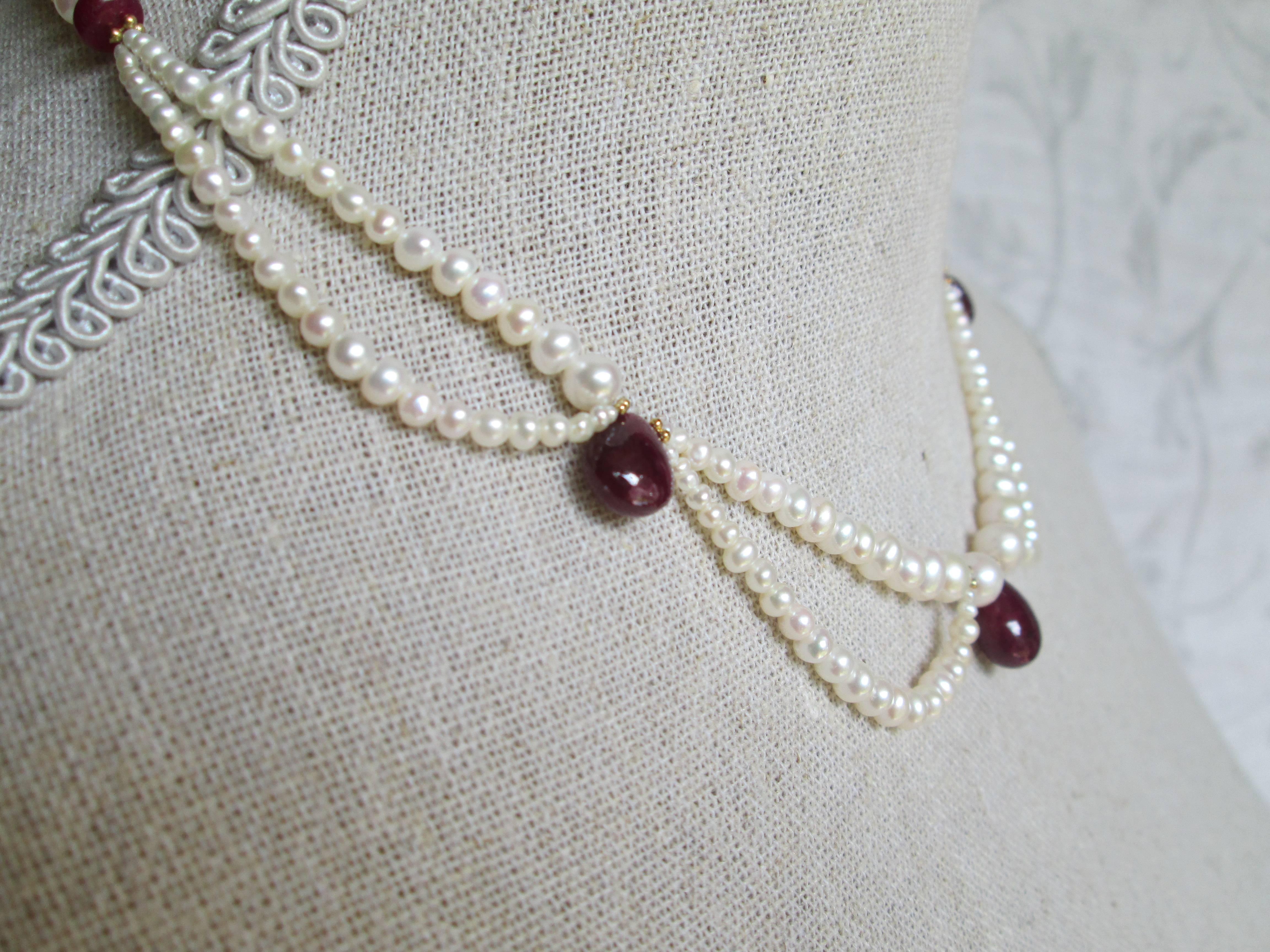 Graduated Pearl Ruby Cabochon Teardrop Gold Bridal Draped Necklace 1
