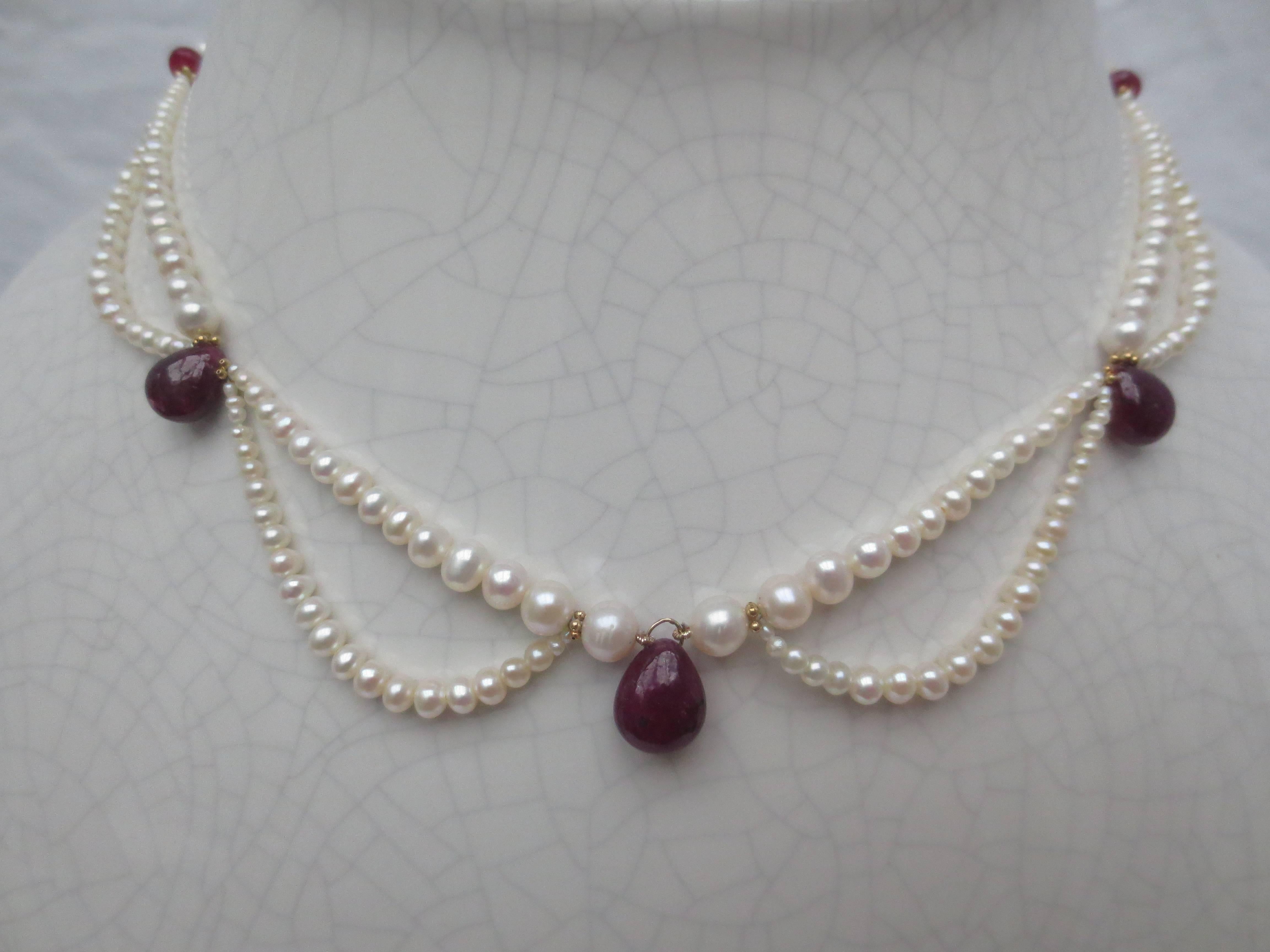 Artist Graduated Pearl Ruby Cabochon Teardrop Gold Bridal Draped Necklace