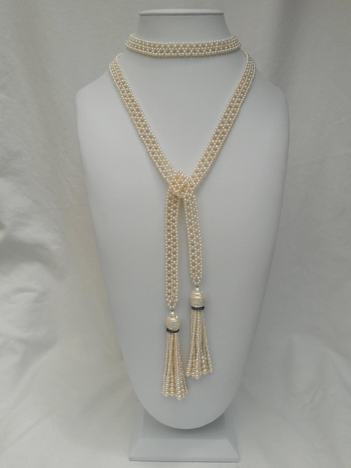 Woven Pearl Sautoir Necklace with Pearl Tassel and Silver Diamond