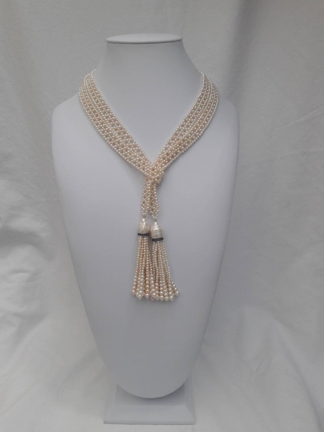 Woven Pearl Sautoir Necklace with Pearl Tassel and Silver Diamond