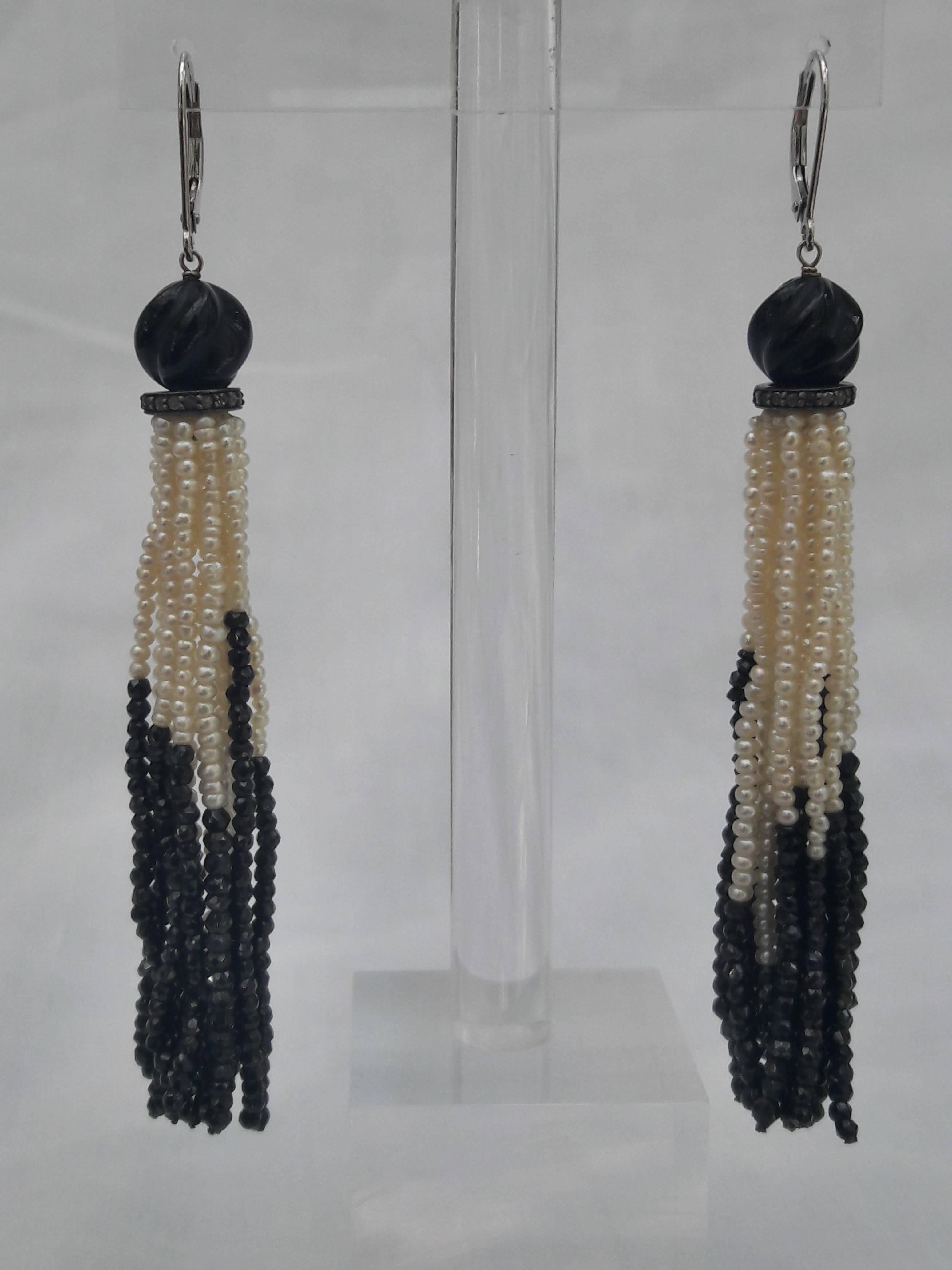 Art Deco Black Onyx Pearl Tassel Earrings with Diamond Encrusted Roundel by Marina J