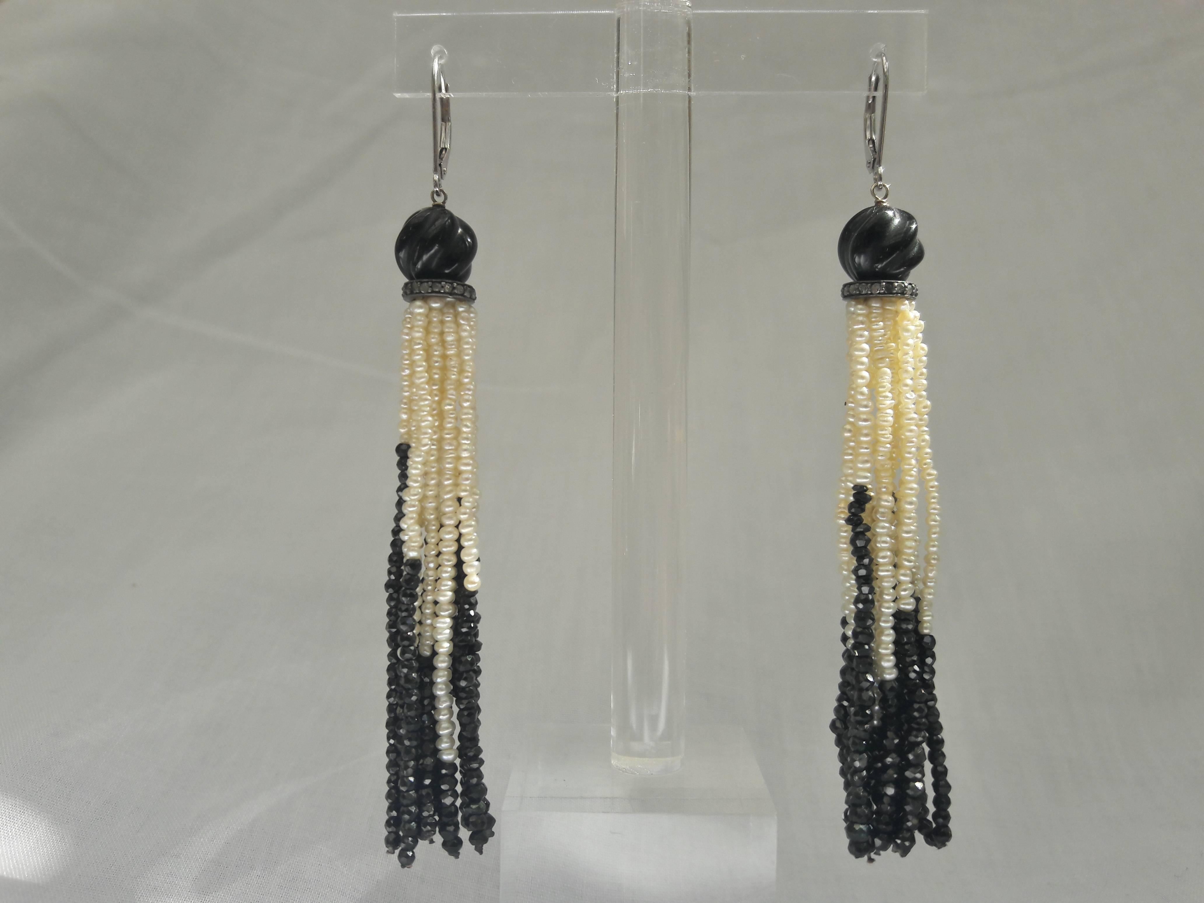Women's Black Onyx Pearl Tassel Earrings with Diamond Encrusted Roundel by Marina J