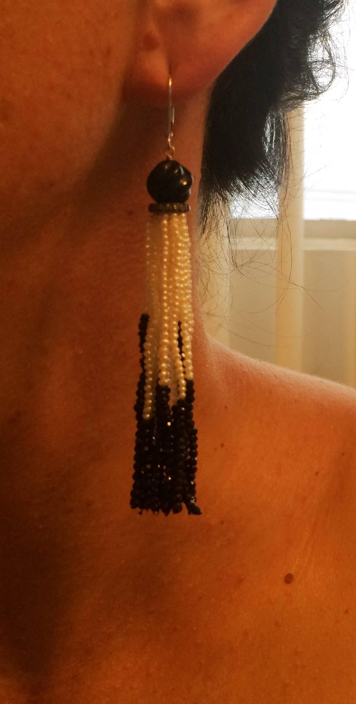 Black Onyx Pearl Tassel Earrings with Diamond Encrusted Roundel by Marina J In New Condition In Los Angeles, CA