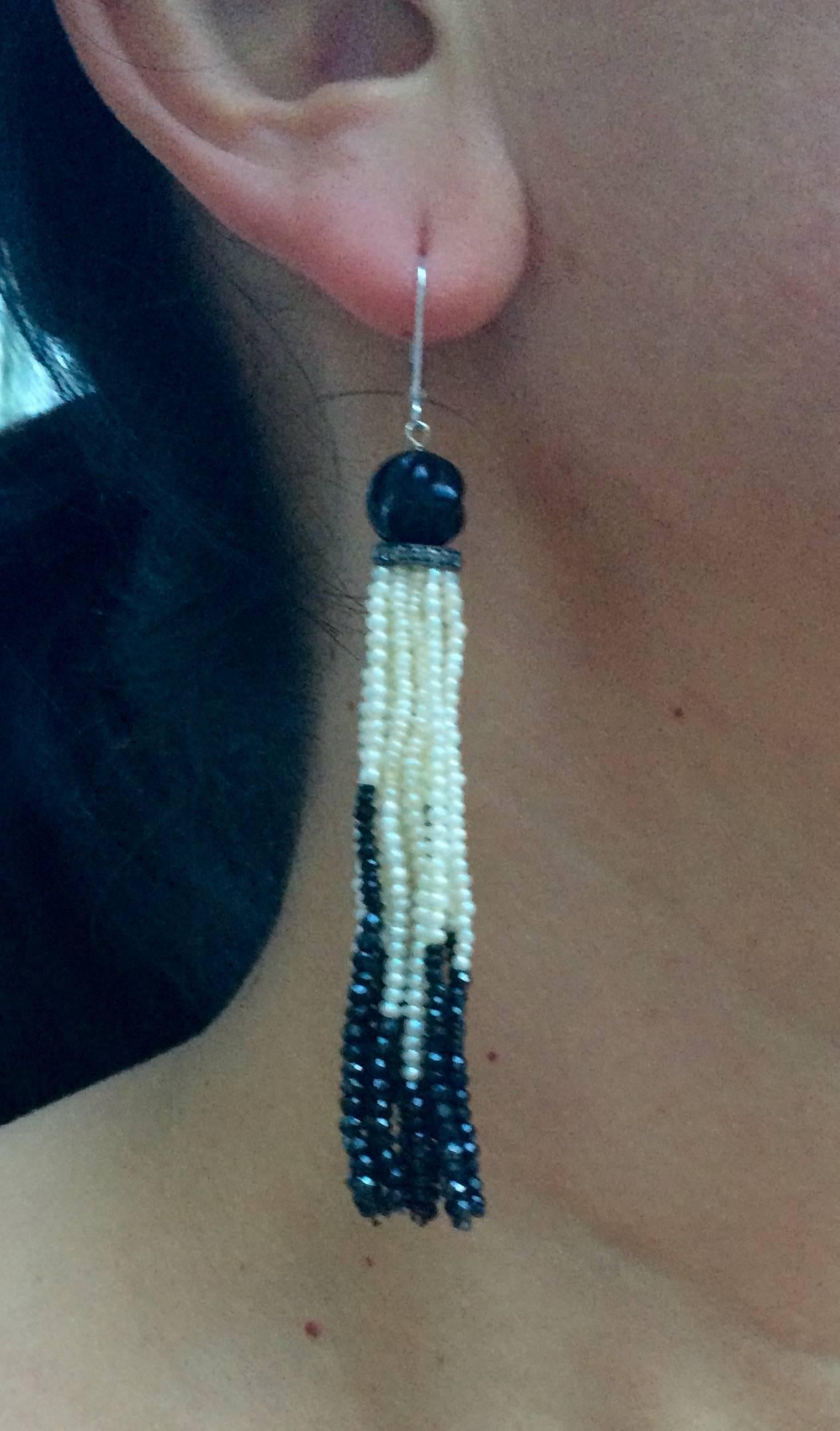 Black Onyx Pearl Tassel Earrings with Diamond Encrusted Roundel by Marina J 1