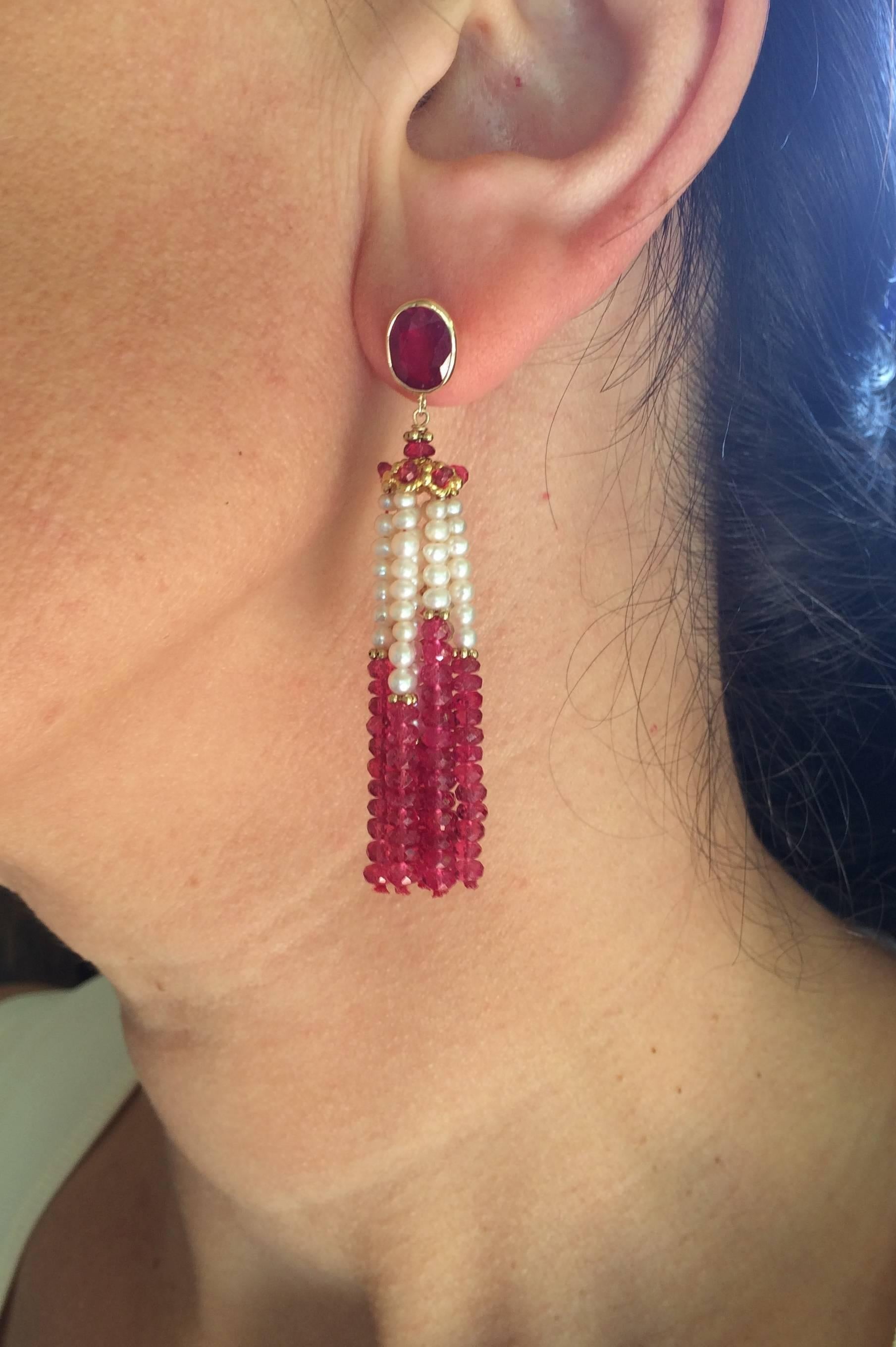 Faceted Ruby Stone Bead Pearl Tassel Earrings  In New Condition In Los Angeles, CA