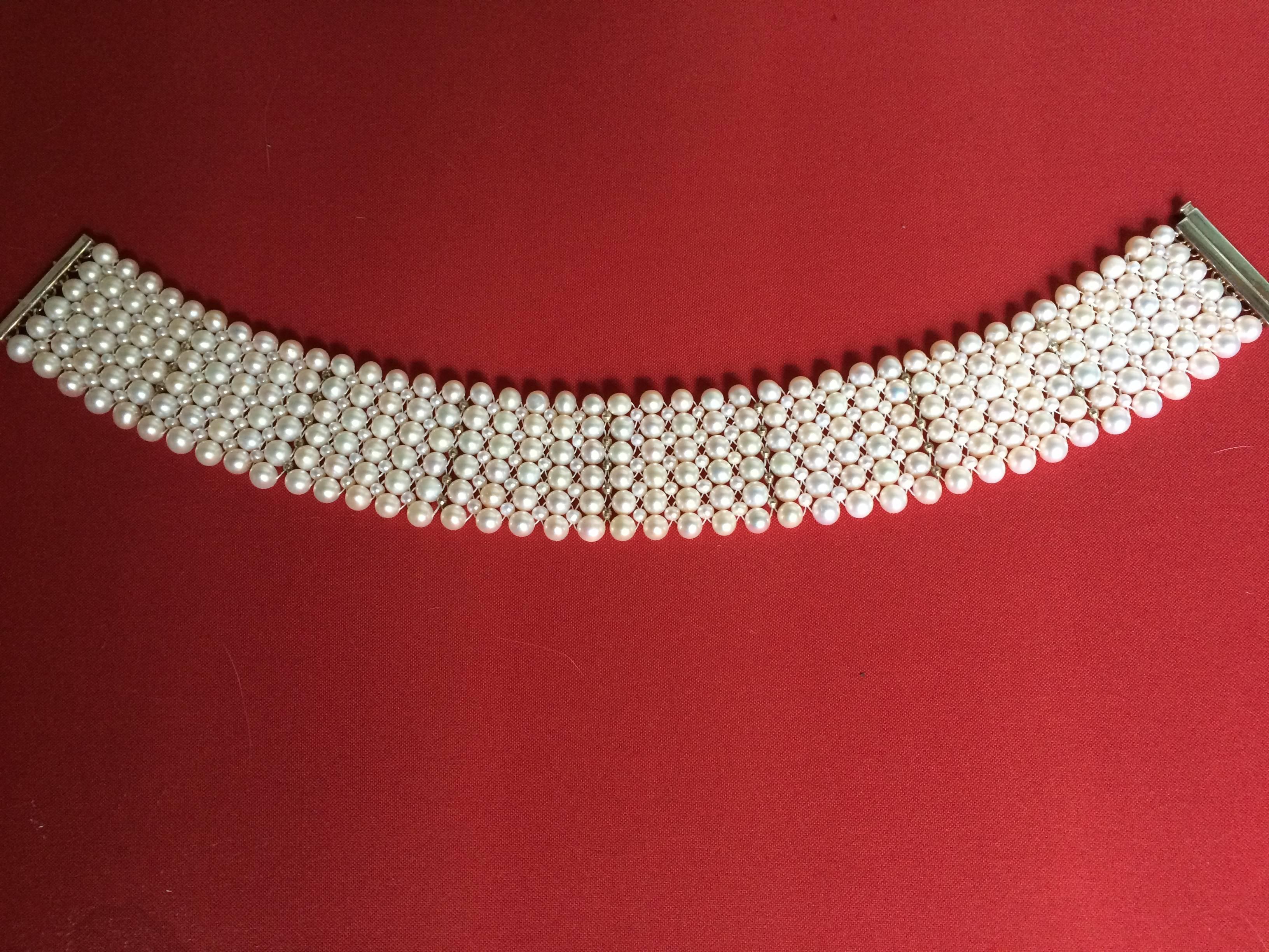 Woven Pearl Tall Choker with Rhodium Plated Silver Faceted Beads and Clasp In Excellent Condition In Los Angeles, CA