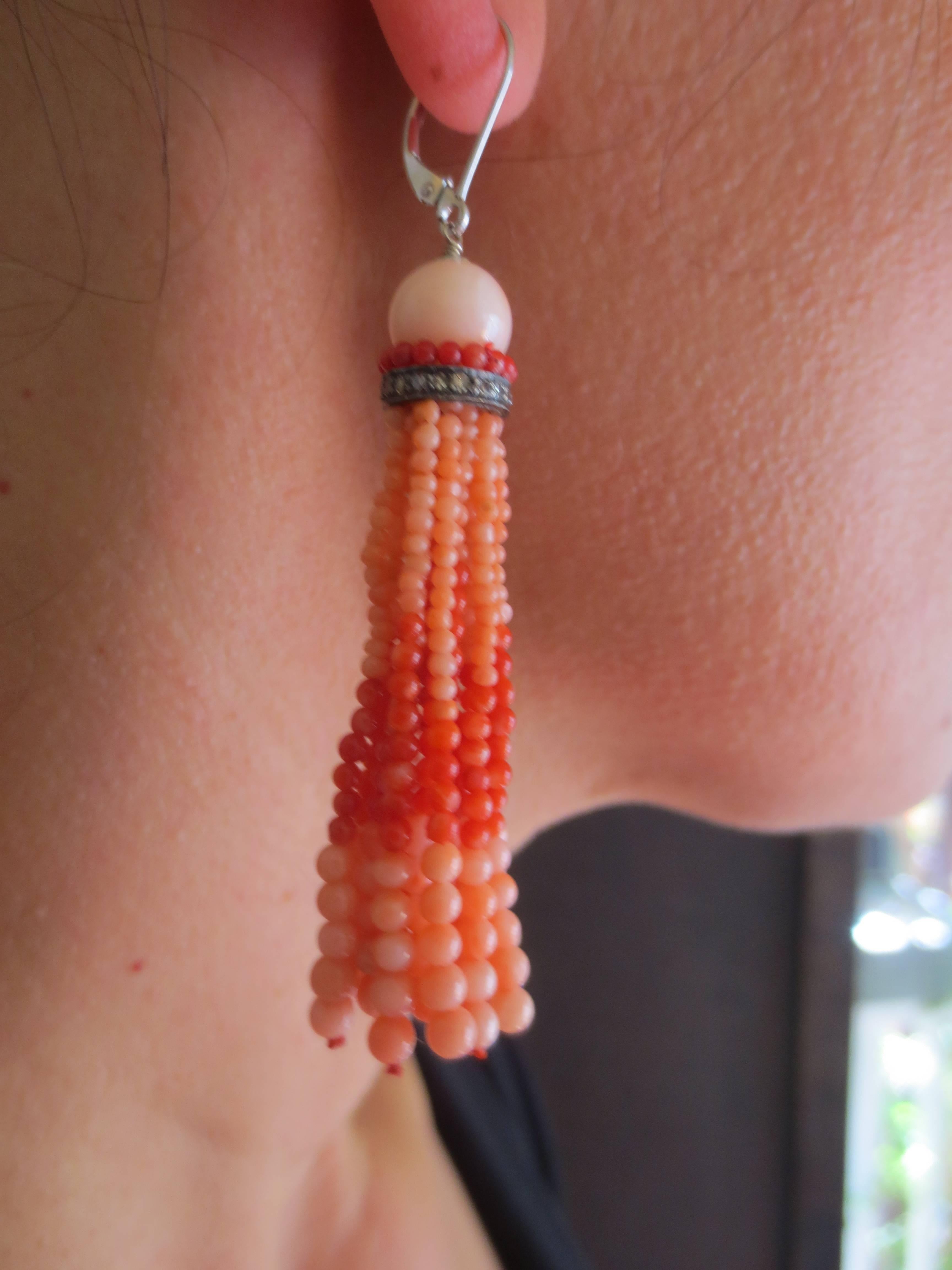coral beaded tassel earrings