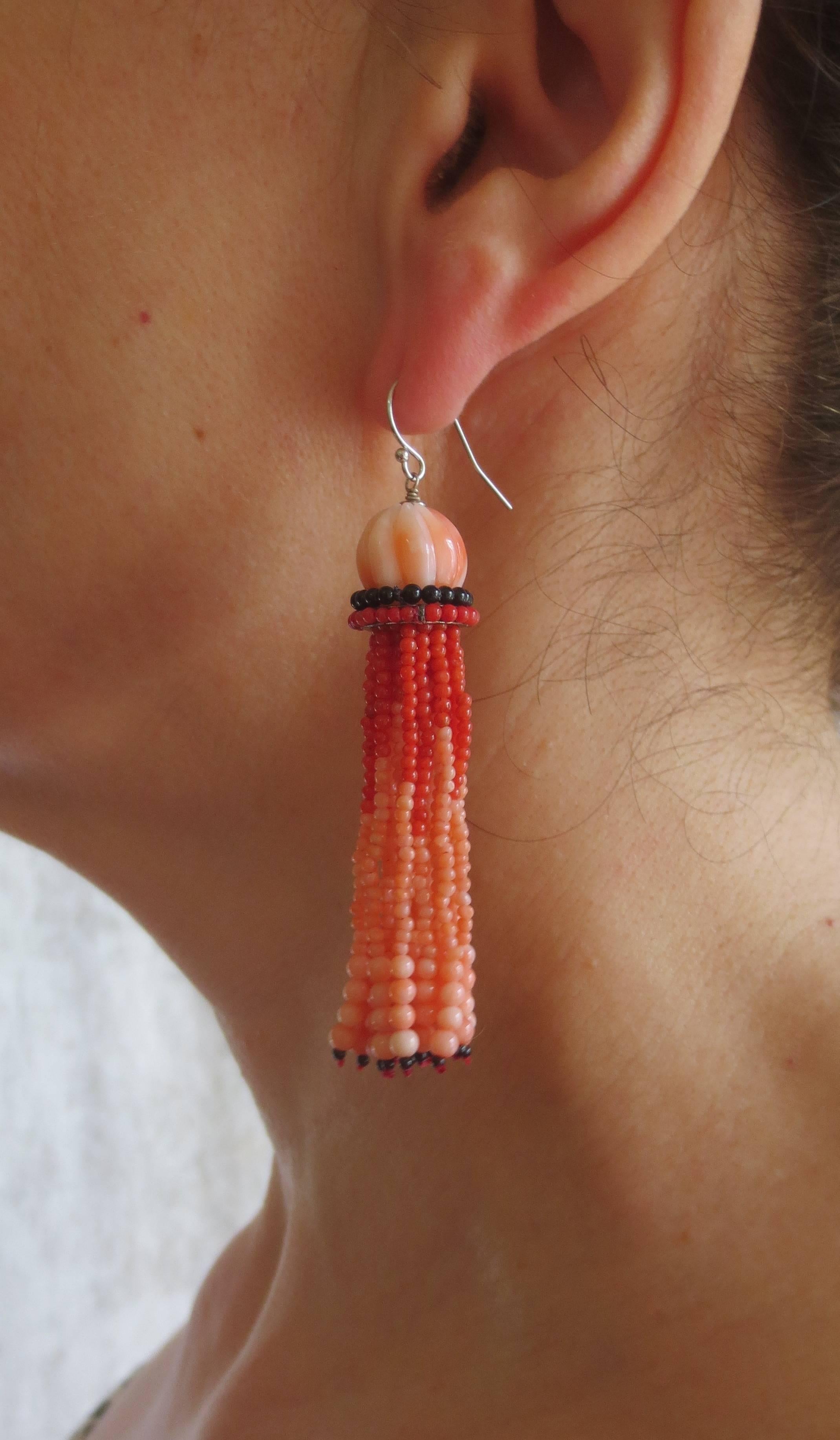 Contemporary Coral and Onyx Tassel Earrings