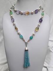 Multi-gemstone Long Sautoir Aquamarine Pearl Tassel
