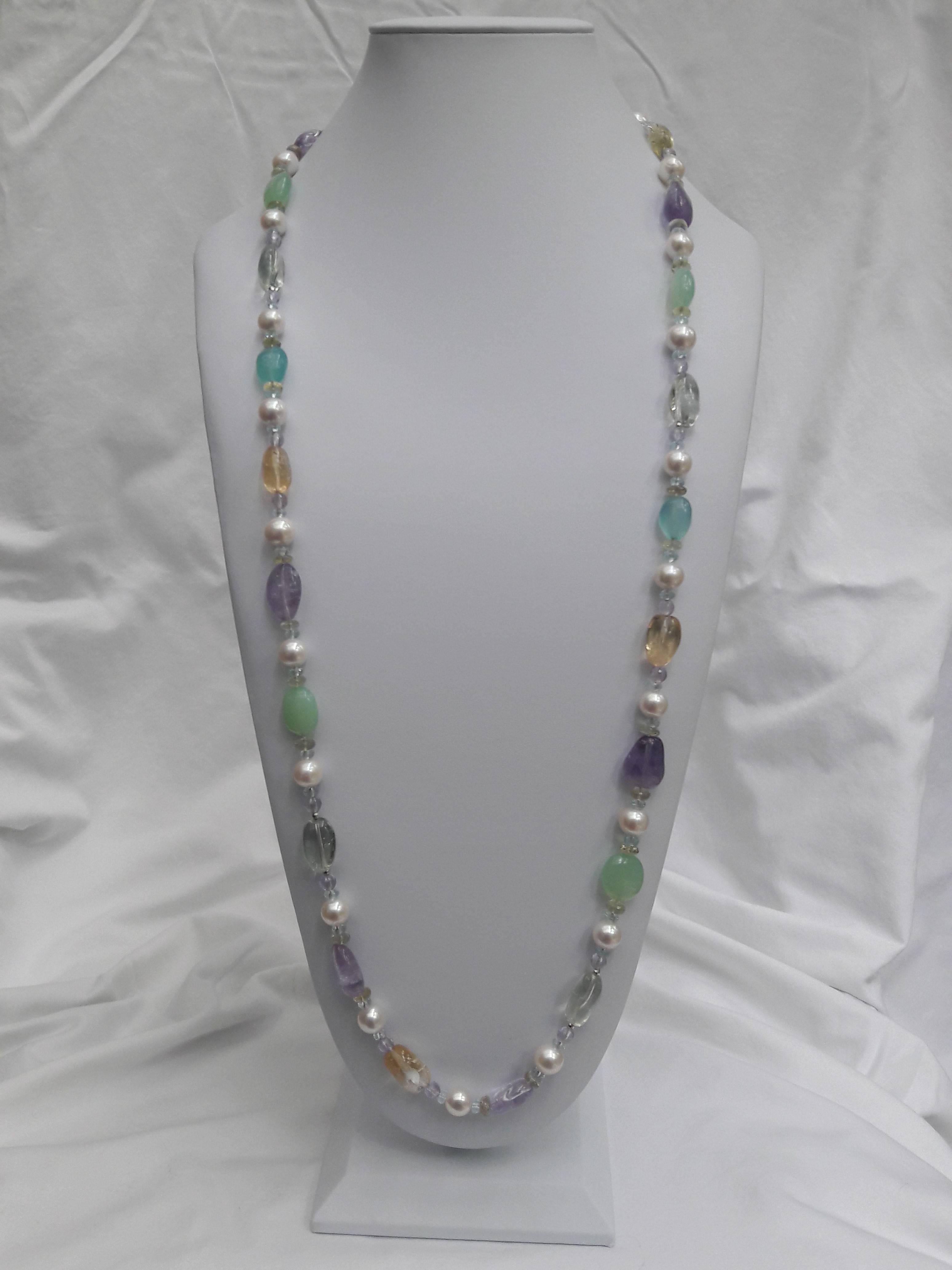 Multi-gemstone Long Sautoir Aquamarine Pearl Tassel 1
