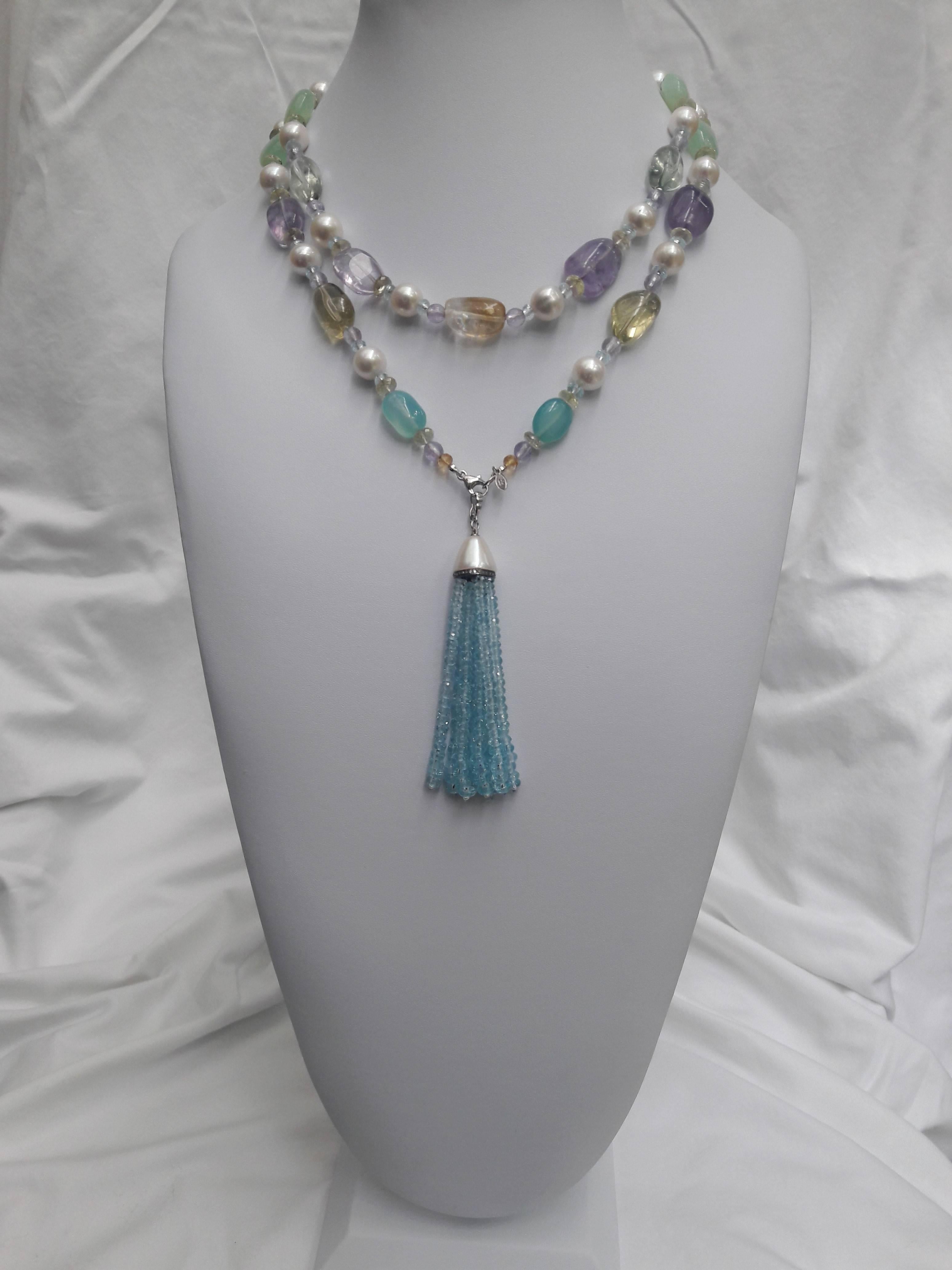 Artist Multi-gemstone Long Sautoir Aquamarine Pearl Tassel