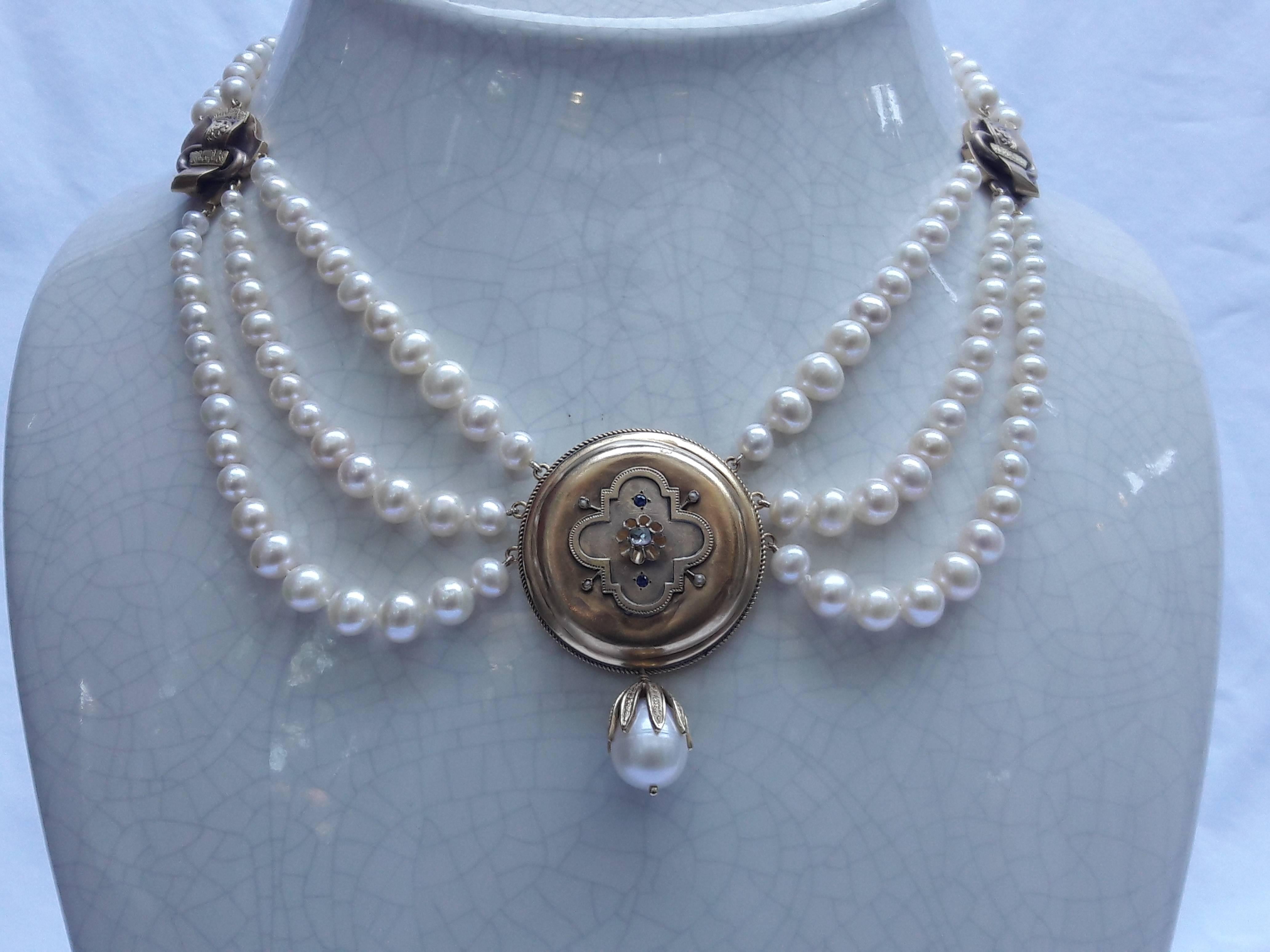 Bead Marina J. Graduated Pearl Necklace with Unique 14K Gold Vintage Centerpiece