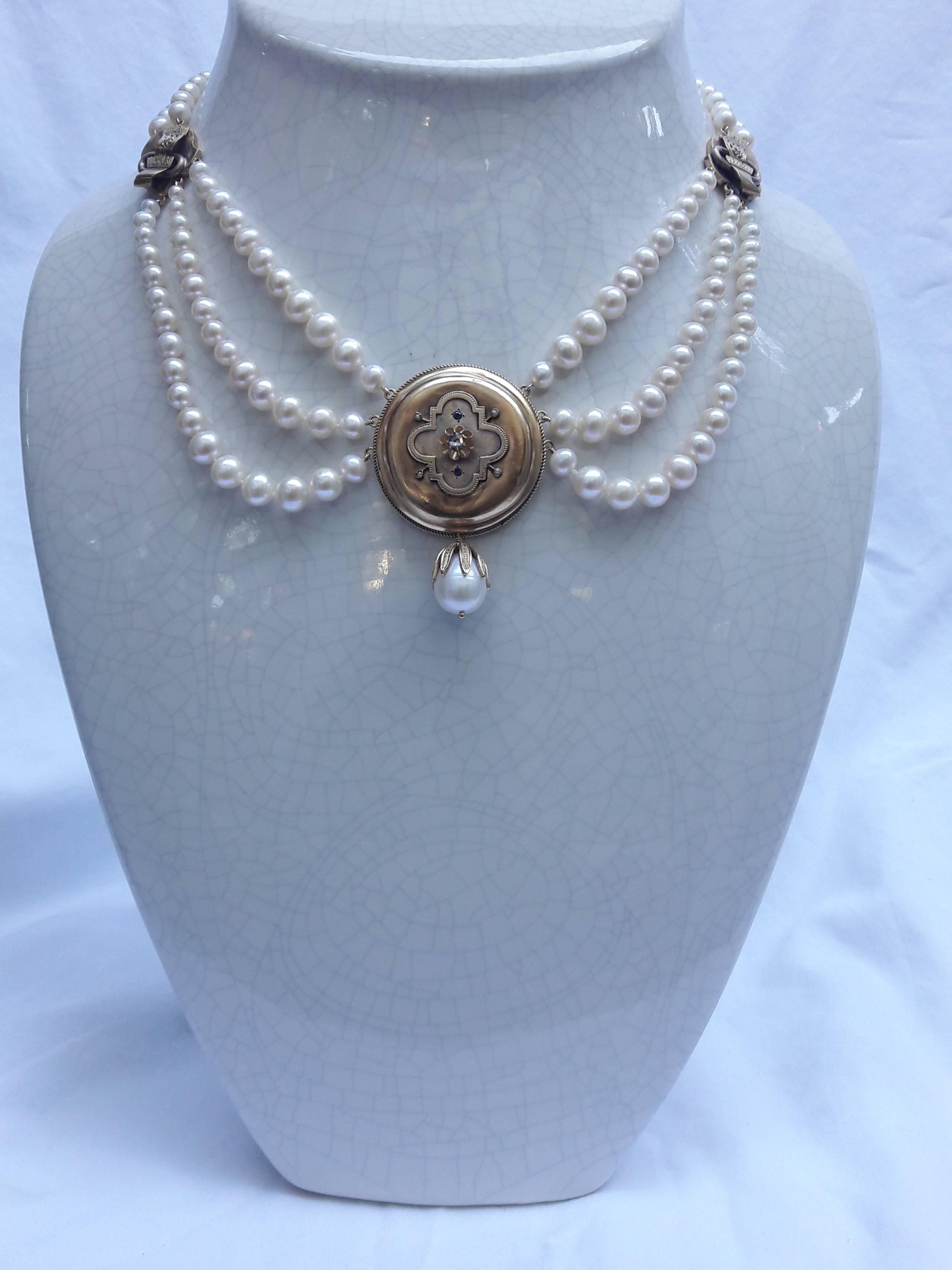 Victorian Marina J. Graduated Pearl Necklace with Unique 14K Gold Vintage Centerpiece