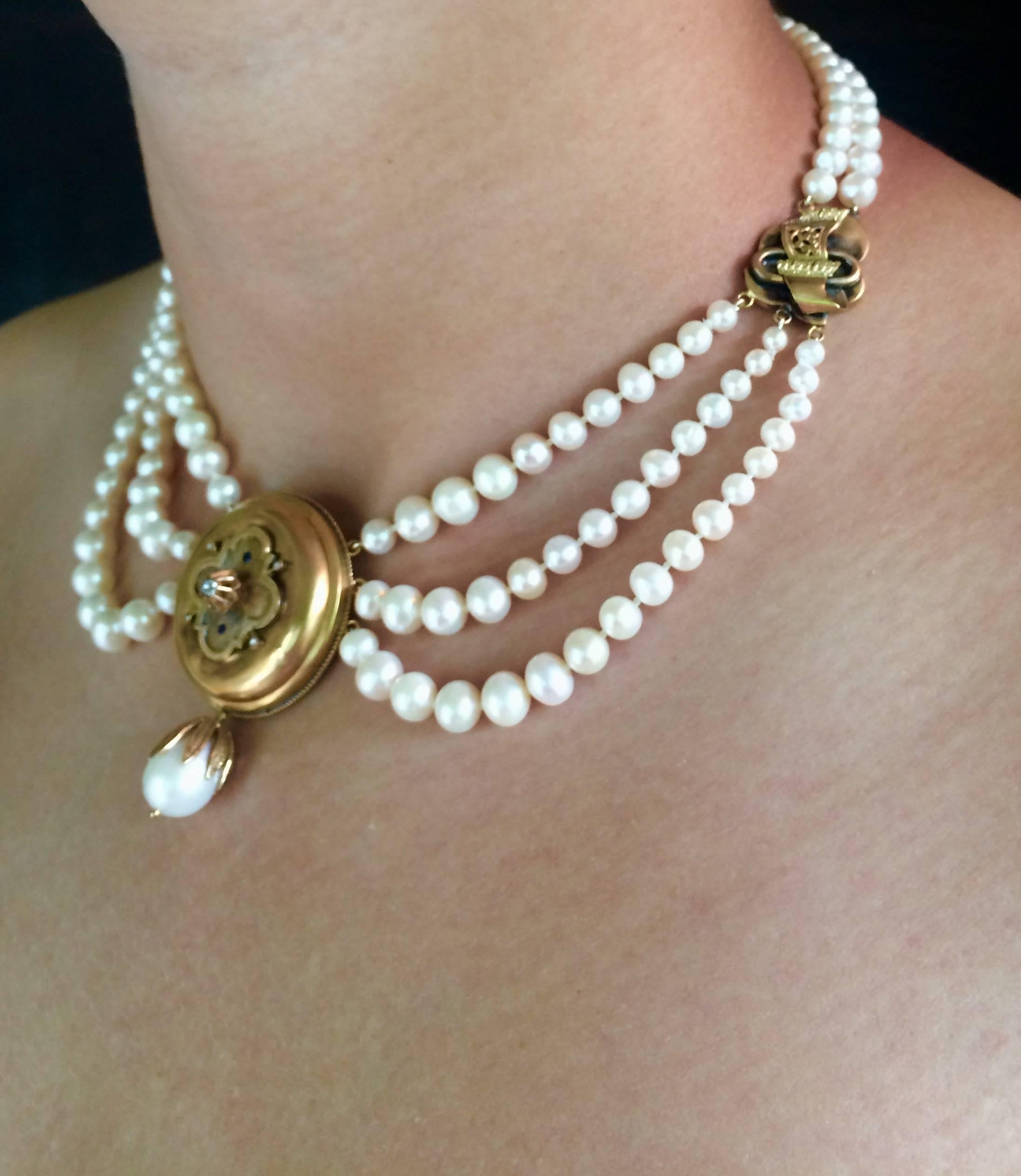 Women's Marina J. Graduated Pearl Necklace with Unique 14K Gold Vintage Centerpiece