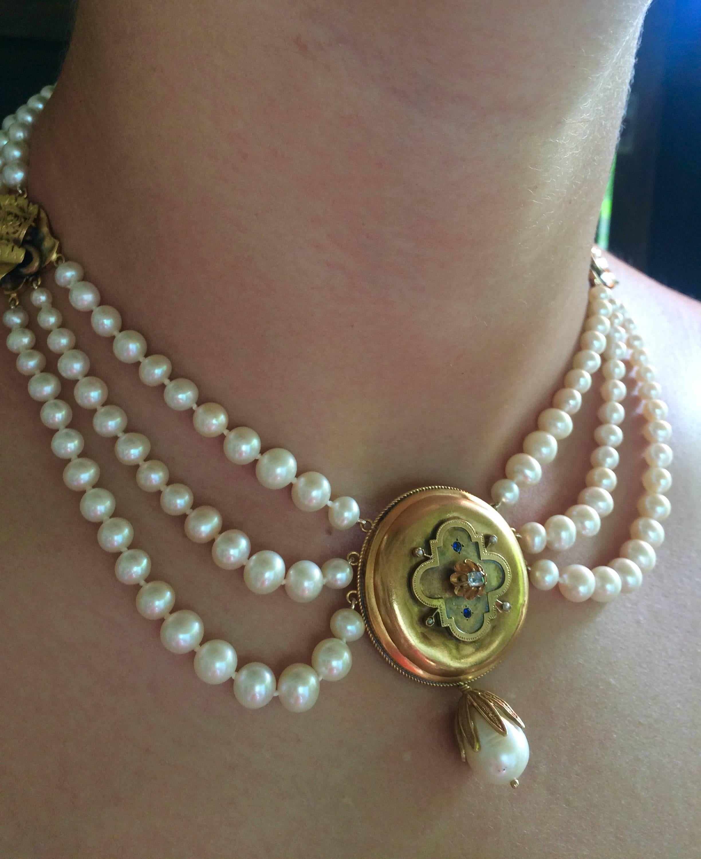 Marina J. Graduated Pearl Necklace with Unique 14K Gold Vintage Centerpiece 1