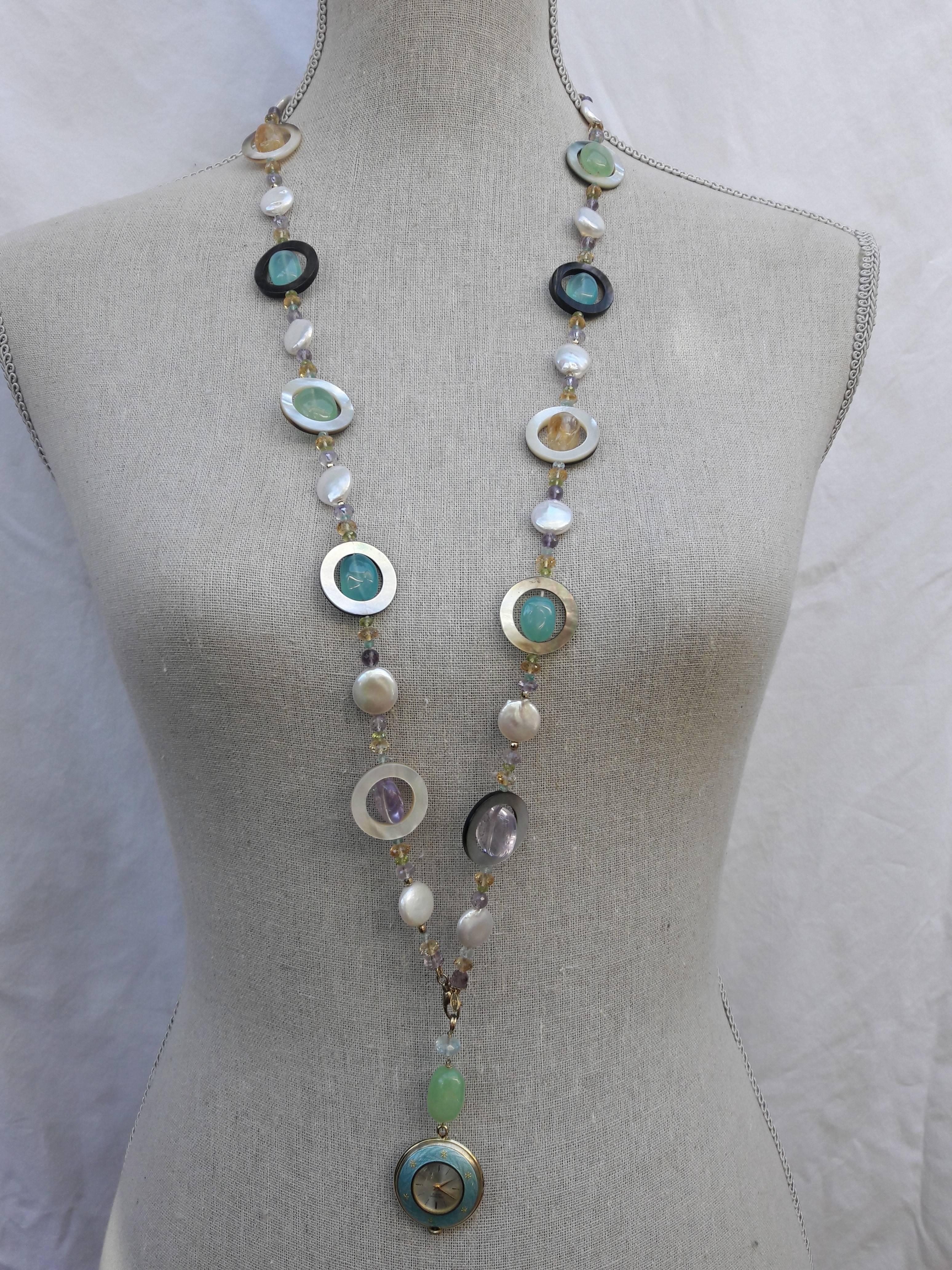 Women's One-of-a-Kind Multi-Gemstone Long Lariat Watch Necklace 