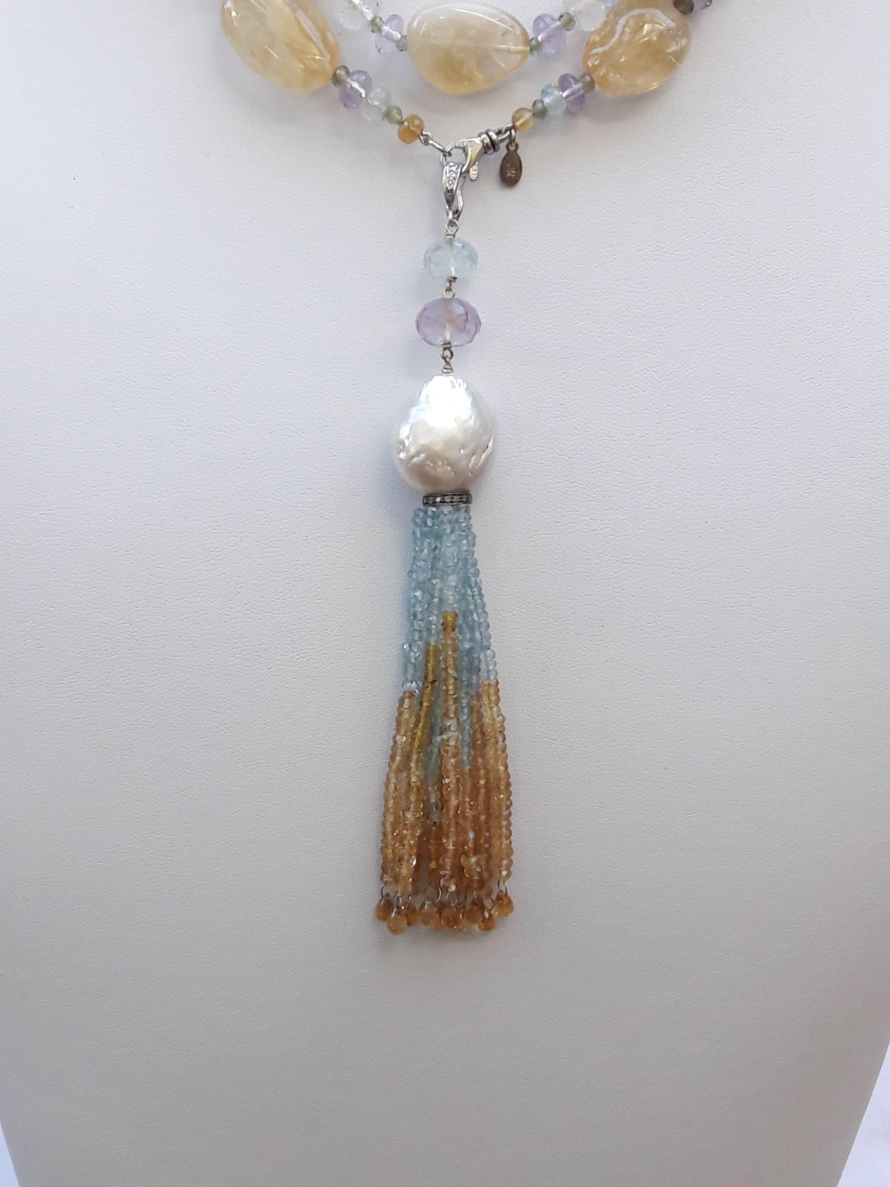 Multi-Gemstone Long Lariat Necklace  In New Condition In Los Angeles, CA